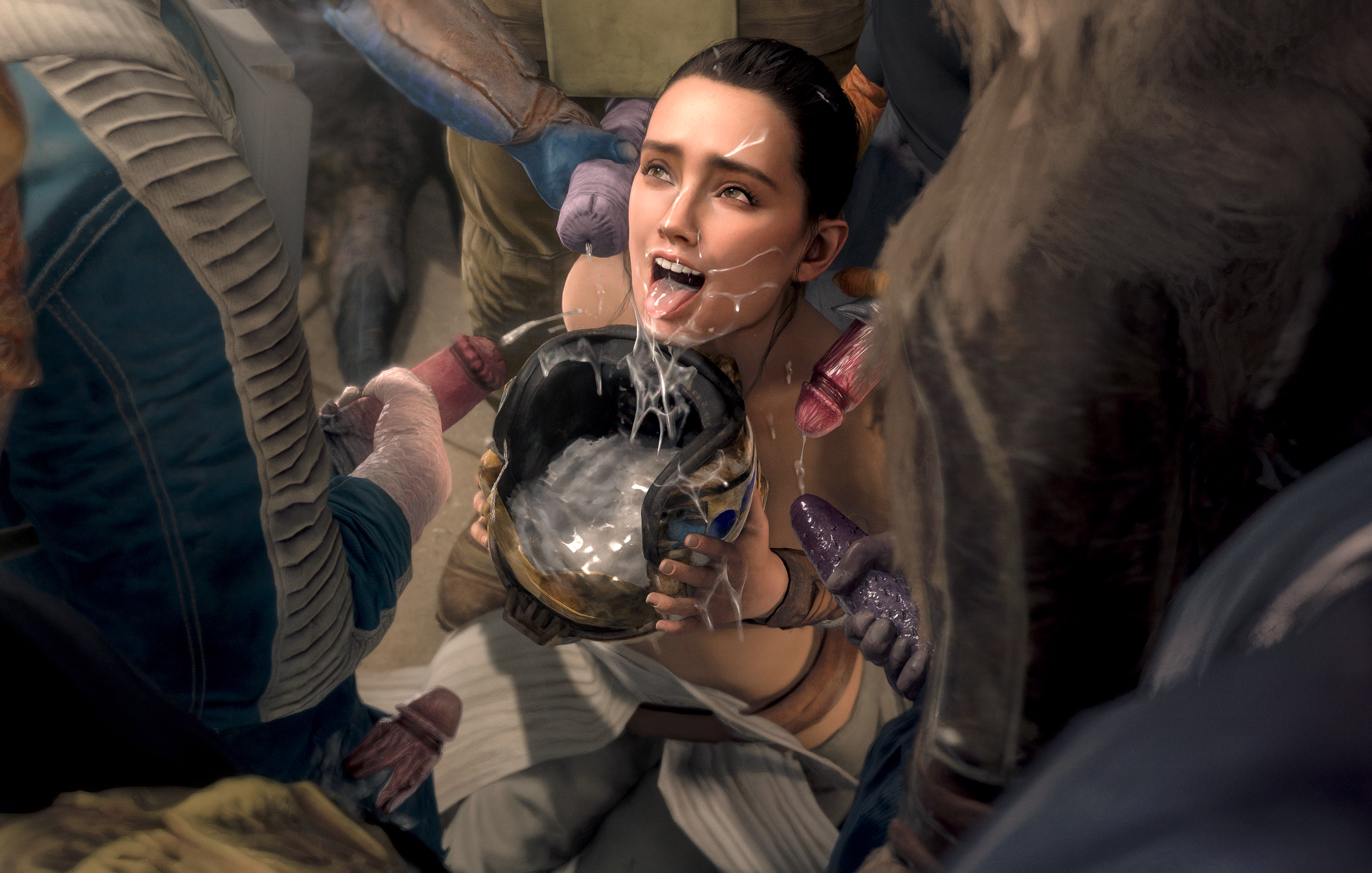 3d, alien, alien cock, alien genitalia, alien/human, bukkake, collecting cum, cum, cum in container, cum in helmet, cum on face, daisy ridley, excessive cum, facial, female, gangbang, jedi, male, nedac1, penis, prostitution, rey, source filmmaker, star wars, tagme, whored out