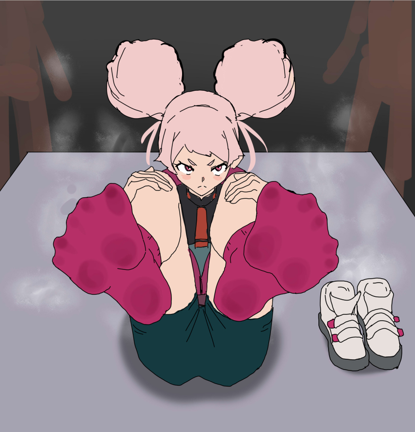 chuatury panlunch, feet, feet up, female, female only, foot fetish, foot focus, gundam, gundam suisei no majo, hands on own knees, highres, light blush, long hair, looking at viewer, musk, musk clouds, musky feet, on back, paxa349, pink eyes, pink hair, pink socks, presenting, presenting feet, shoes, socks, soles, solo, solo female, steam, sweat, toes, unworn shoes