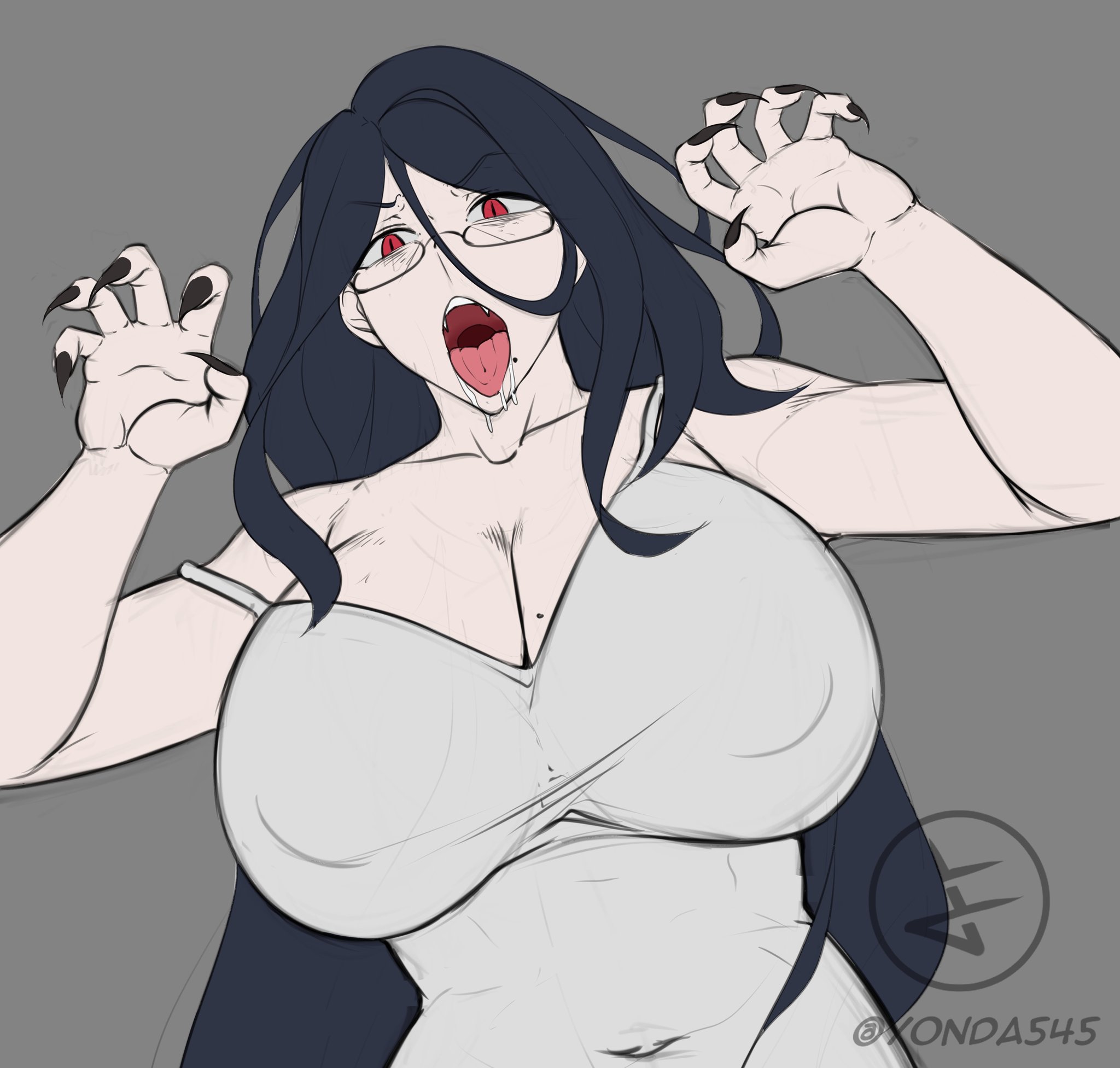 1girls, beauty mark, beauty mark on breasts, beauty mark under eye, black nails, breasts, breasts bigger than head, brown hair, brunette hair, brunette-haired female, clawed fingers, collarbone, curvy, curvy female, curvy figure, dark hair, dark-haired female, drooling, drooling tongue, female, female focus, female ghost, female only, frown, ghost, ghost girl, glasses, glasses on face, halloween, halloween costume, huge breasts, light skin, light-skinned female, long hair, long nails, mole, mole under mouth, open mouth, pale skin, pale-skinned female, really long hair, red eyes, scary, scary face, shoulder straps, tongue, tongue out, voluptuous, voluptuous female, wide open mouth, yonda545