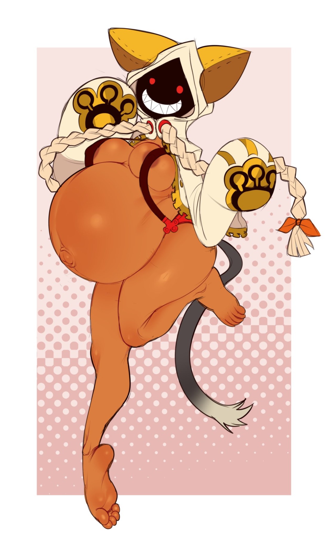 2023, animal humanoid, arc system works, areola, belly, big belly, blazblue, breasts, brown areola, cat humanoid, felid, felid humanoid, feline, feline humanoid, female, hellbrain, hi res, humanoid, mammal, mammal humanoid, pregnant, pregnant female, pregnant humanoid, red eyes, solo, taokaka