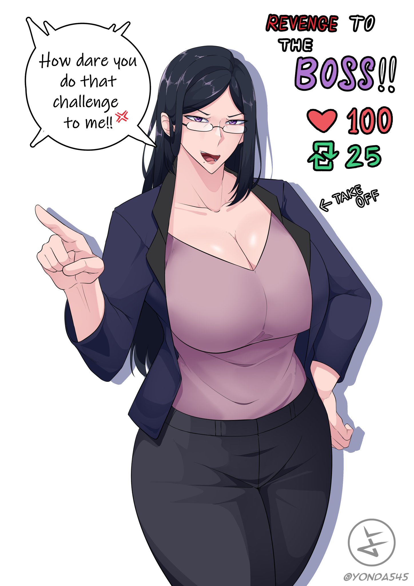 1girls, 2d artwork, angry, angry expression, angry face, beauty mark, beauty mark under mouth, blouse, breasts, breasts bigger than head, brown hair, brunette hair, brunette-haired female, cleavage, collarbone, dark hair, english text, female, female focus, female only, frown, frowning, frowning at viewer, glasses, glasses on face, hand on hip, huge breasts, jacket, light skin, light-skinned female, long hair, mana (yonda545), mole, mole under mouth, open mouth, pale skin, pale-skinned female, pants, pointing, pointing at viewer, purple eyes, shiny hair, shouting, straight hair, twitter, twitter strip game, word balloon, yonda545