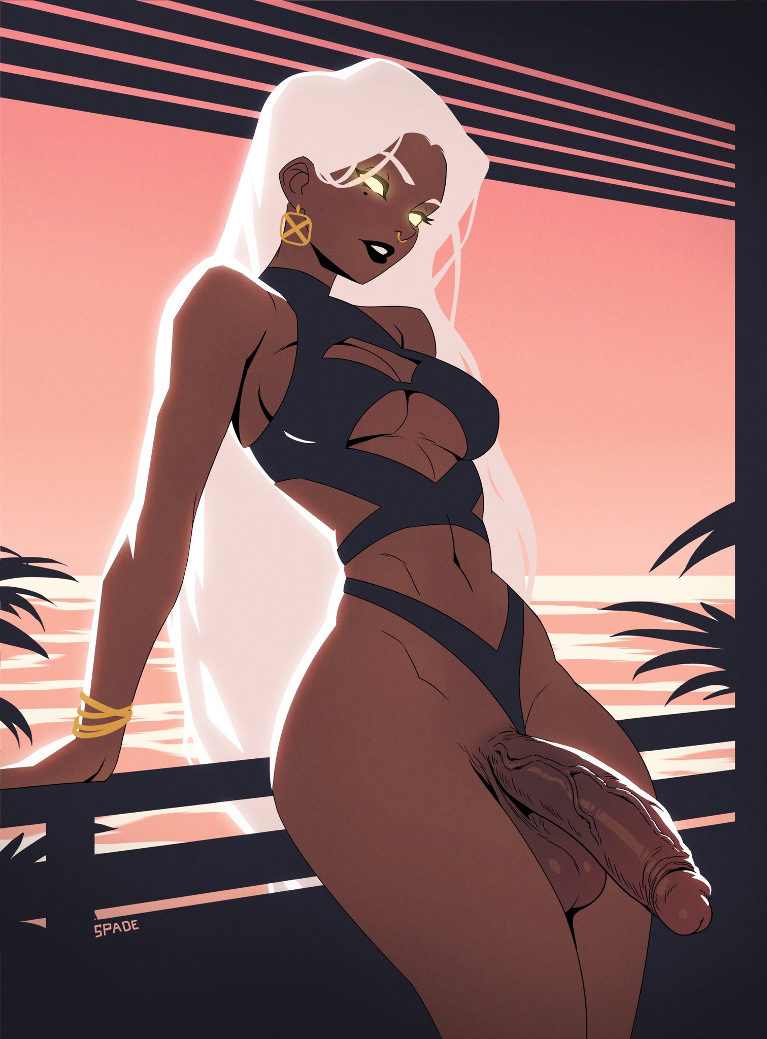 1futa, balls, big breasts, breasts, busty, clothed, clothing, dark skin, dark-skinned futa, dick, dickgirl, earrings, fat cock, female, futa only, futanari, huge cock, human, intersex, large breasts, large penis, long hair, marvel, marvel comics, milf, mostly nude, ororo munroe, penis, penis out, revealing clothes, solo, spade nsfw, storm (x-men), swimsuit, thick penis, veiny penis, white eyes, white hair, x-men