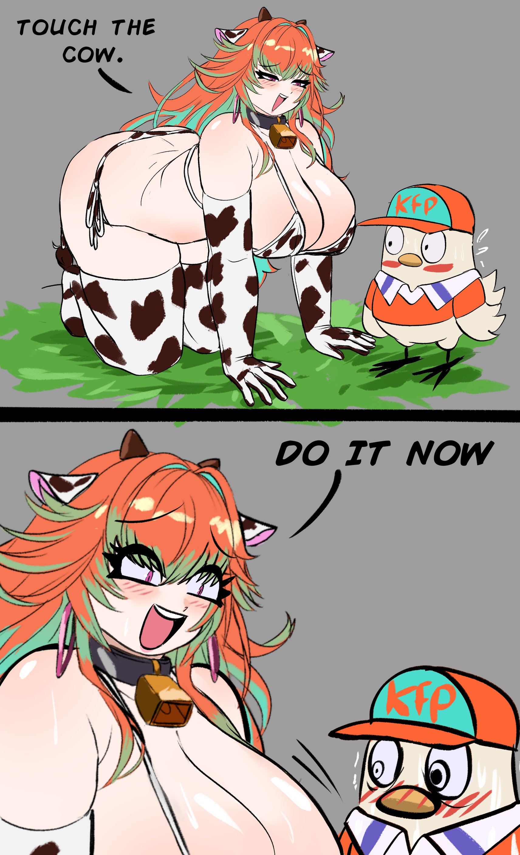 1girls, 2koma, big breasts, breasts, chicken, cow bikini, cow print, fan mascot (vtuber), female, grey background, hololive, hololive english, hololive myth, huge breasts, kfp (takanashi kiara), kfp employee (takanashi kiara), peagade, sequence, takanashi kiara, thick thighs, touch the cow do it now, virtual youtuber