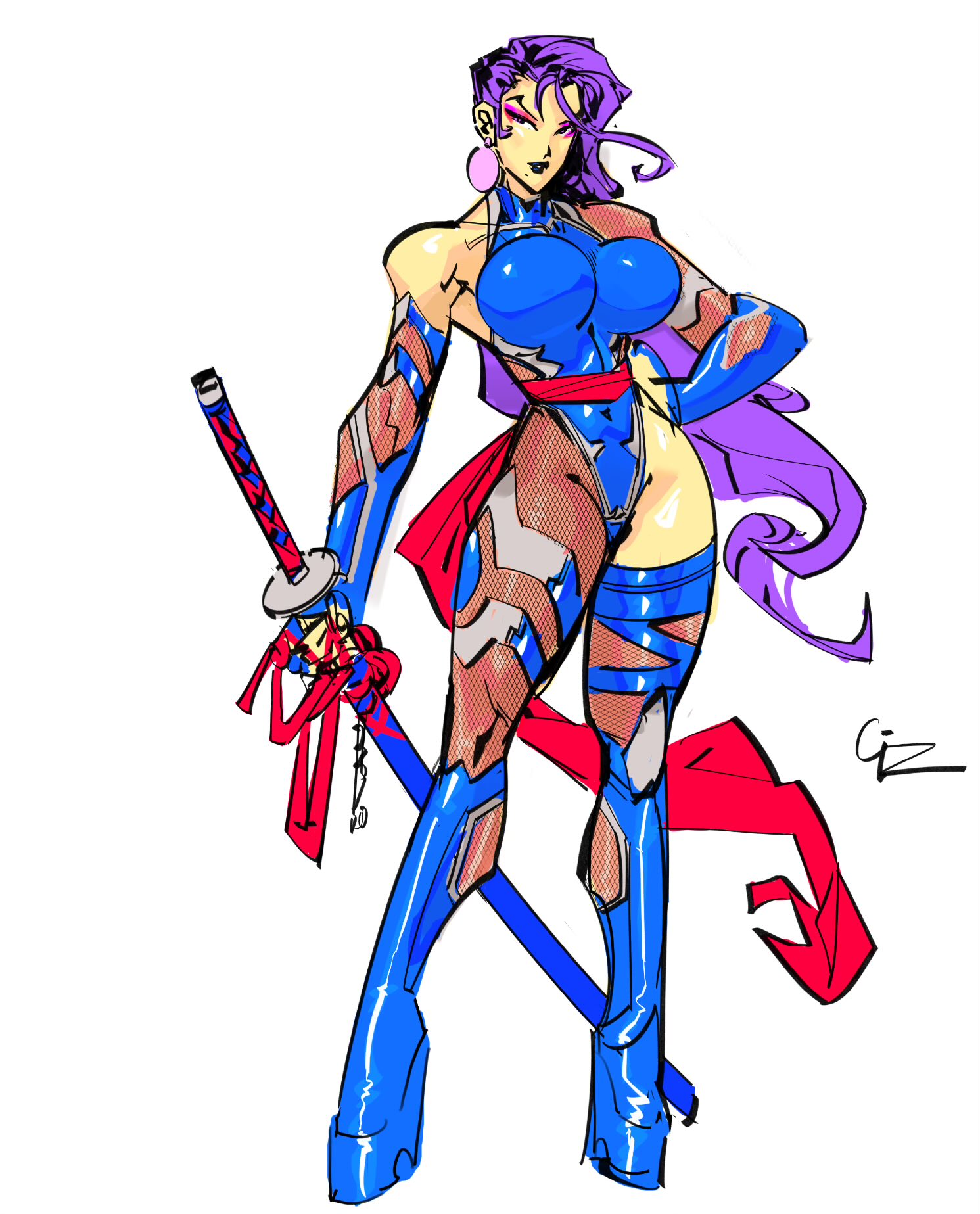 1girls, asymmetrical bodysuit, asymmetrical legwear, bimbo, blue bodysuit, bodysuit, bolt on tits, breast implants, breasts, earrings, female, fishnets, gizmotic, implants, impossible clothes, large breasts, marvel, marvel comics, platform footwear, psylocke (kwannon), purple eyeliner, purple eyes, sheathed, single leg bodysuit, sword, taimanin (series), taimanin suit, x-men