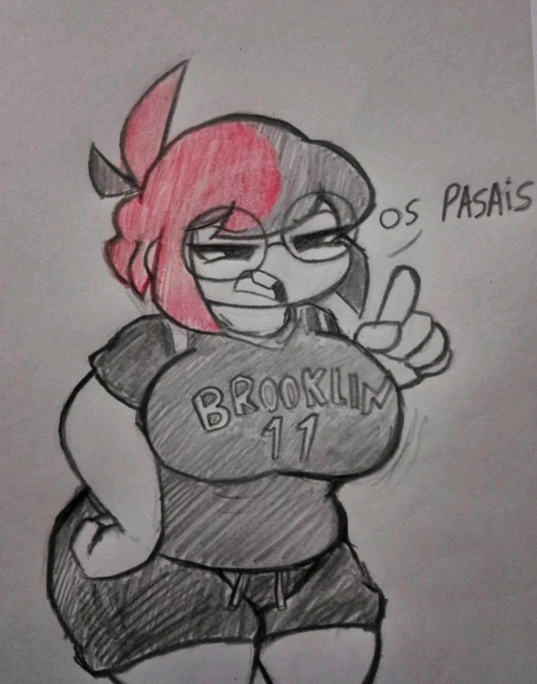 ahoge big_breasts big_thighs black_hair boss_(thelittlenerdys) dialogue dress dressed glasses huge_breasts huge_thighs nerd nerdy nerdy_female pencil_(artwork) rand0m_293 red_hair short_hair short_pants shortstack spanish_dialogue spanish_text teeth twitter_user_sona two-tone_hair two_tone_hair