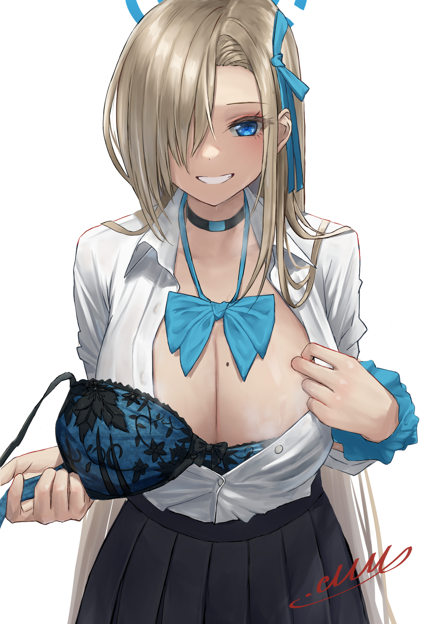 1girls, asuna (blue archive), asuna (school uniform) (blue archive), asymmetrical bangs, black skirt, blonde hair, blue archive, blue bow, blue bra, blue eyes, blue halo, bow, bow bra, bra, breasts, choker, cleavage, collared shirt, commission, female, grin, hair over one eye, halo, highres, large breasts, long hair, looking at viewer, m.m (mmitsu 93), mole, mole on breast, official alternate costume, partially unbuttoned, pixiv commission, pleated skirt, removing bra, removing bra under shirt, school uniform, shirt, simple background, skirt, smile, solo, taking off bra, underwear, unworn bra, white background, white shirt