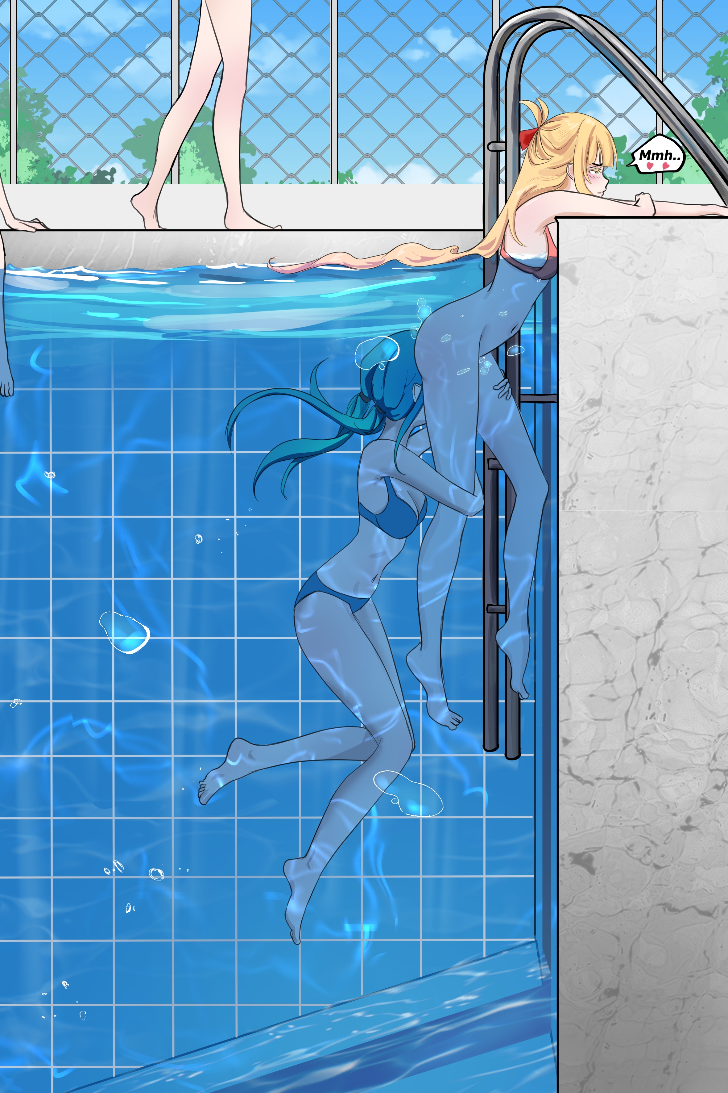 2girls, air bubbles, bikini, blonde hair, blue hair, blush, exposed, exposed pussy, female, green eyes, half naked, licking, licking pussy, marima666 (artist), pool, pussy, swimming pool, underwater, water