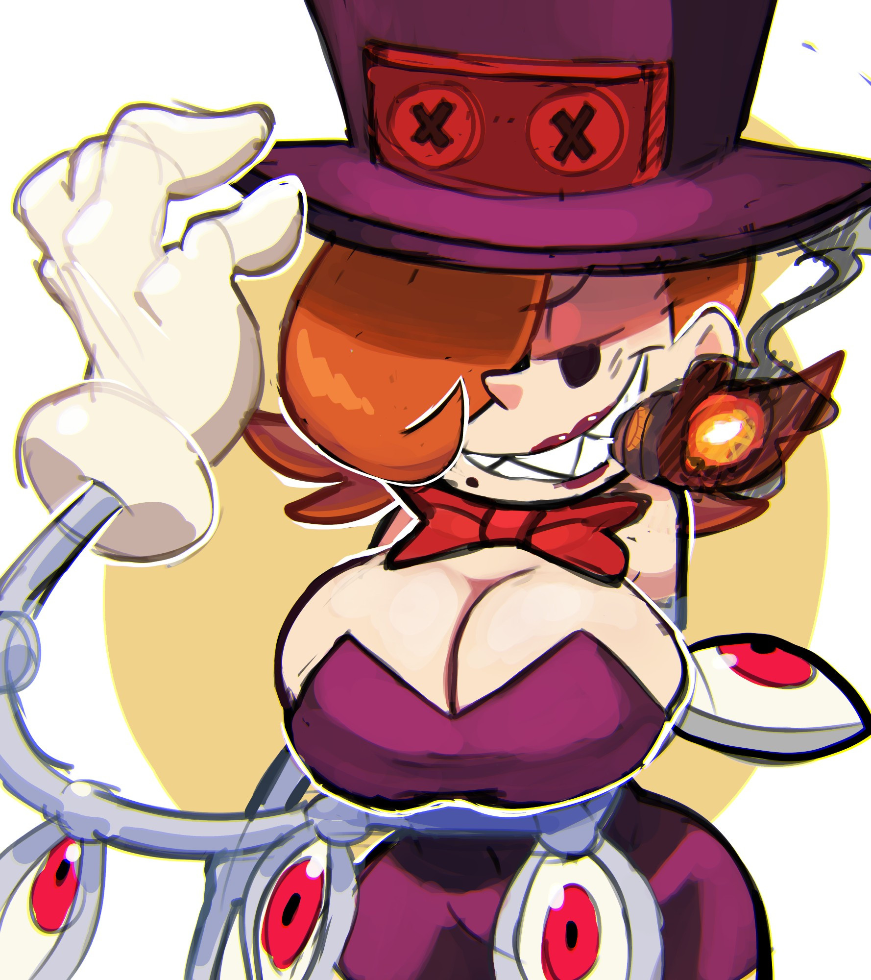 aged up, big breasts, big hat, bowtie, breast focus, breasts, cigar, cigar in mouth, cleavage, dress, female, gloves, grin, large breasts, lipstick, looking at viewer, monamania, orange hair, peacock (skullgirls), purple dress, red lipstick, sharp teeth, skullgirls, smoking, top hat