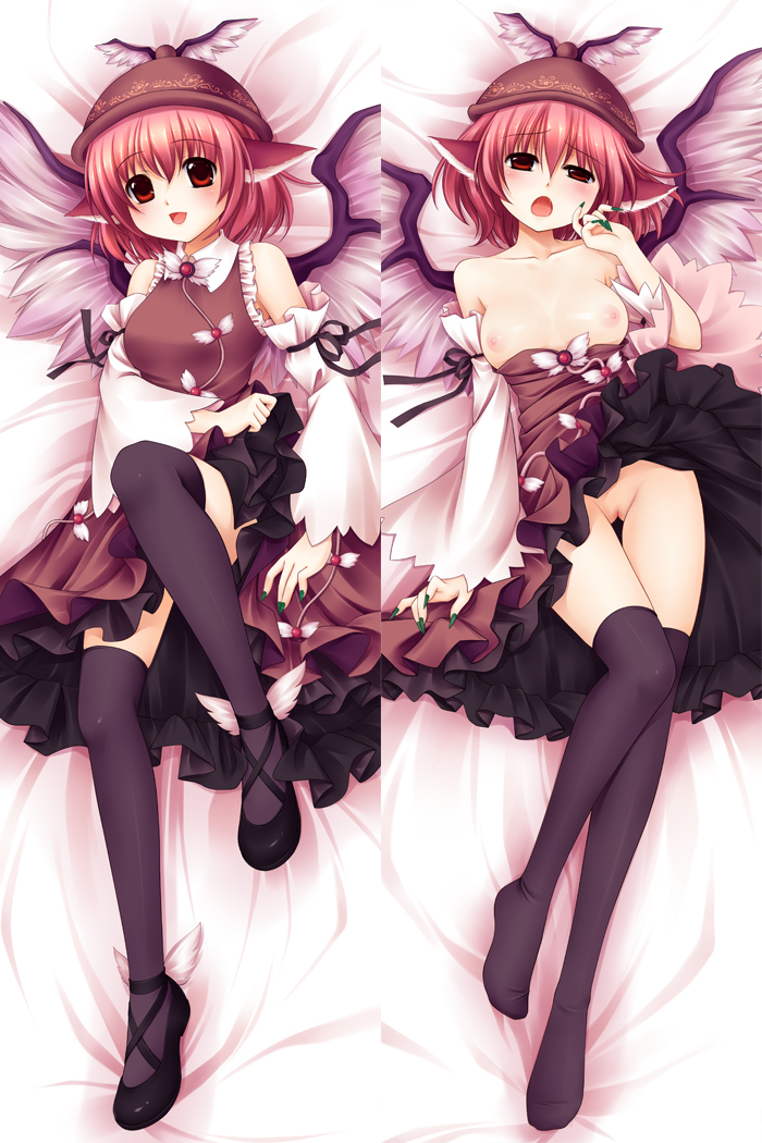 bare_shoulders black_legwear black_thighhighs breasts dakimakura detached_sleeves dodojune dress hat legs mystia_lorelei nail_polish nipples no_panties pink_hair pussy red_eyes short_hair thighhighs touhou uncensored winged_shoes wings