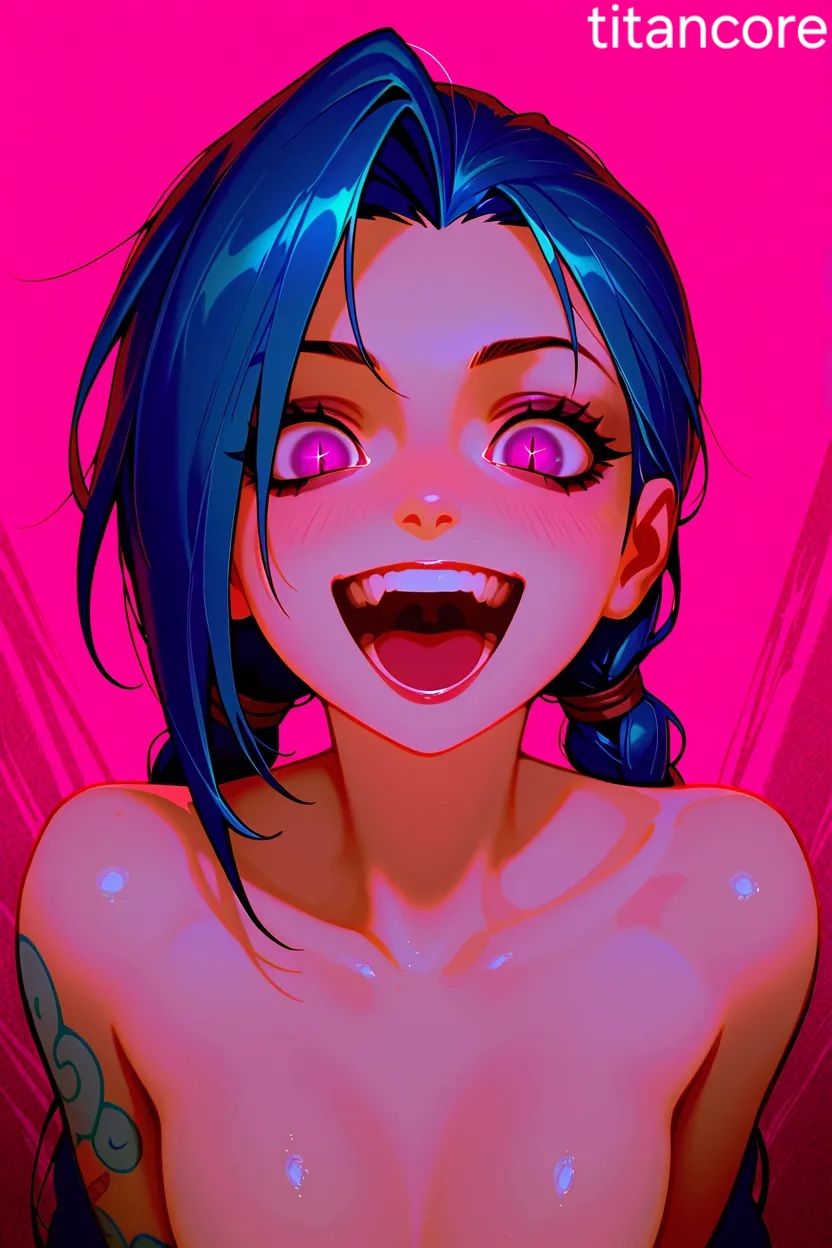 (titancore) ai_generated arcane blue_hair crazy crazy_eyes crazy_smile girl jinx_(arcane) jinx_(league_of_legends) league_of_legends long_hair mouth_open naked purple_eyes single_girl twintails video_game_character