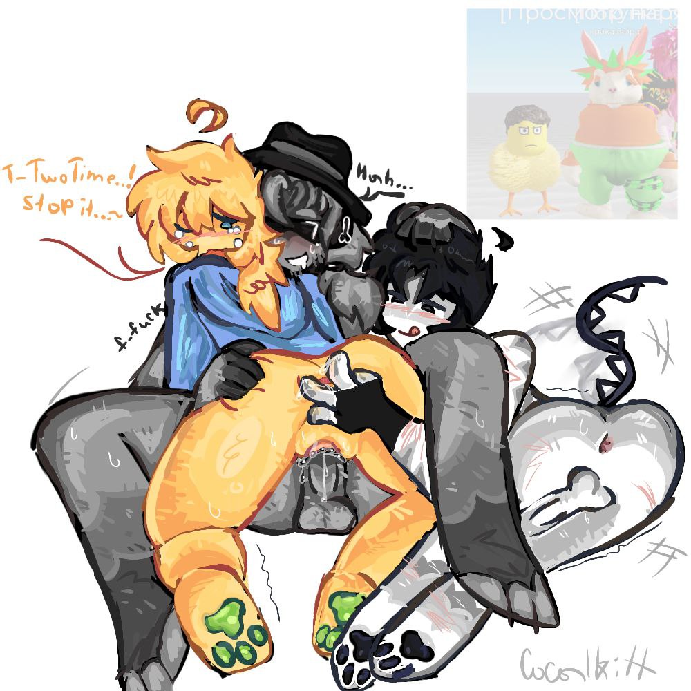1cuntboy, 2male, anus, ass, balls, bottomless, c0c5lkih, chance (forsaken), crying, cuntboy, dubious consent, english text, forsaken (roblox), intersex, juicy pussy, male, meme in the background, noob (forsaken), paws, penis, pussy, roblox, roblox game, robloxian, self upload, tail wagging, text, thighs, threesome, transmasc, two time, two time (forsaken), vaginal penetration