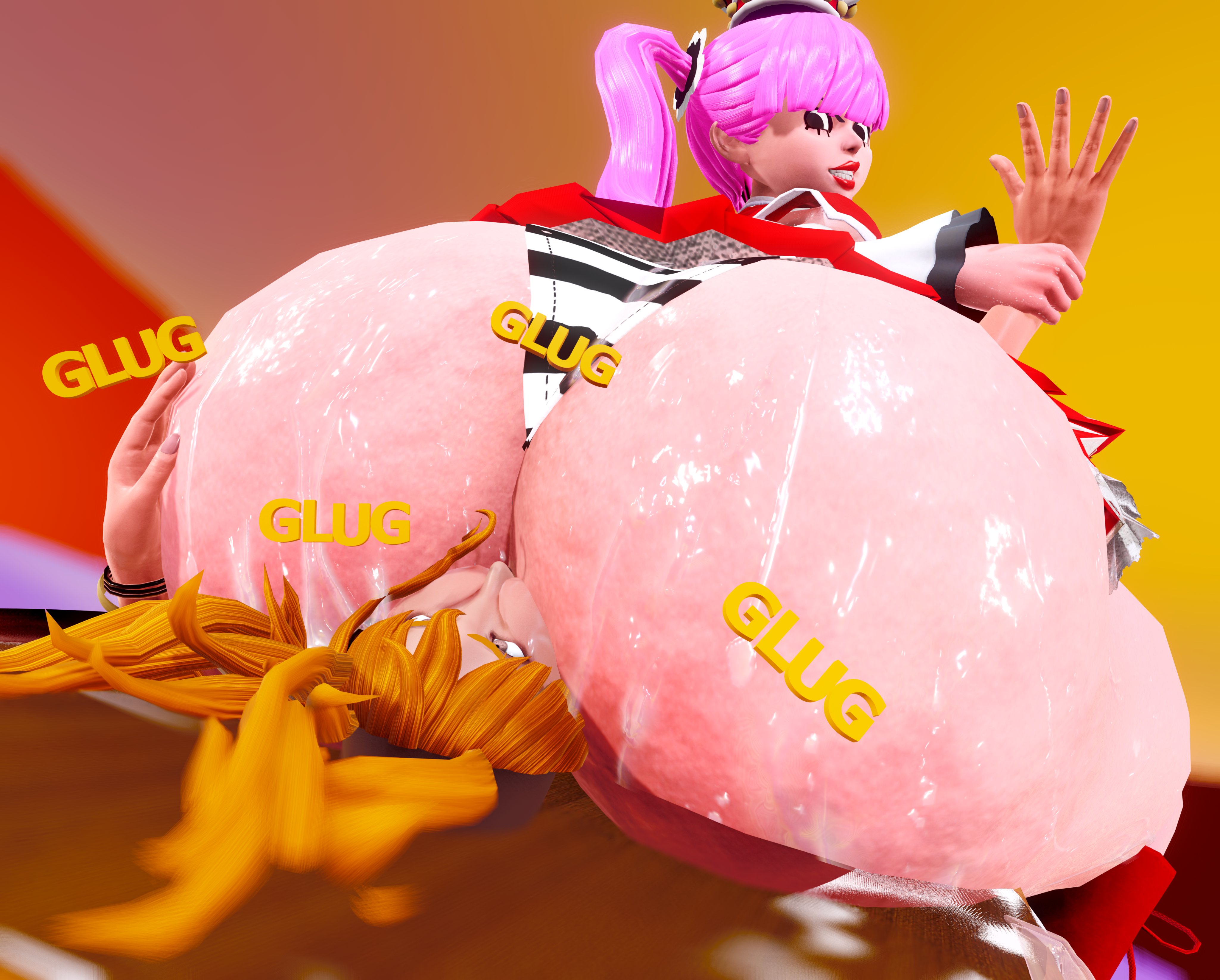 2girls, 3d, ass, ass bigger than head, ass body, behind view, big ass, big butt, blurry background, bottom heavy, bubble ass, bubble butt, clothing, curvaceous, curvy, curvy figure, drinking sweat, english text, eyes rolling back, facesitting, female, female only, huge ass, lipstick, long hair, mostly clothed, nami (one piece), one piece, onomatopoeia, orange hair, panties, perona, pink hair, prevence, puffy lips, red lipstick, smile, sweat, sweaty, sweaty ass, sweaty butt, text, thick thighs, trying to escape, voluptuous, voluptuous female, wide hips, yuri
