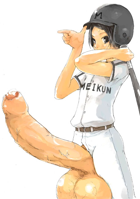 artist_request baseball_bat baseball_helmet baseball_uniform black_eyes black_hair censored hair huge_balls huge_cock huge_testicles male male_only penis pointless_censoring short_hair simple_background solo source_request