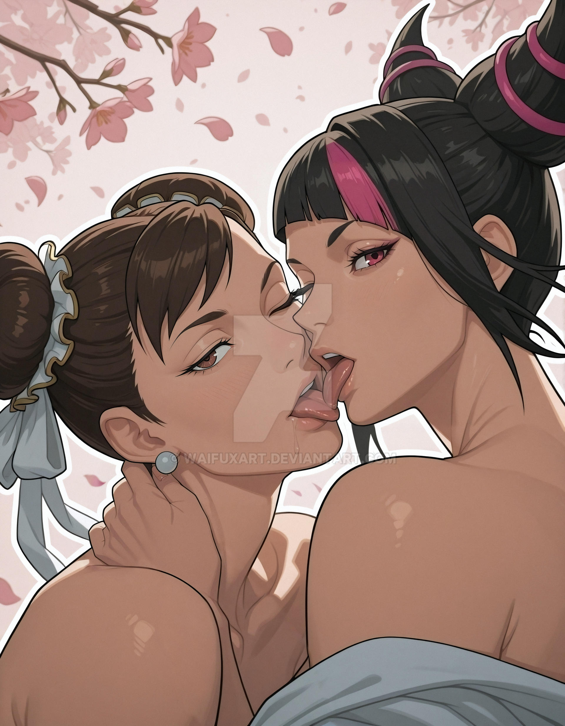 2girls, ai generated, back, bangs, bare back, barefoot, black hair, blush, brown eyes, brown hair, capcom, cherry blossoms, chinese female, chun-li, collarbone, couple, diagonal bangs, double bun, duo, female, female only, female/female, french kiss, hair bun, half-closed eyes, han juri, hand on another's neck, juri han, kissing, lips, looking at viewer, looking back, love, makeup, multicolored hair, multiple females, multiple girls, mutual yuri, neck, off shoulder, one eye closed, open mouth, pink eyes, pink hair, romantic, romantic couple, round teeth, short hair, street fighter, street fighter ii, street fighter iv, street fighter v, teeth, tied hair, tongue, tongue kiss, tongue out, two-tone hair, upper body, upper teeth, upper teeth only, waifuxart, wink, yuri
