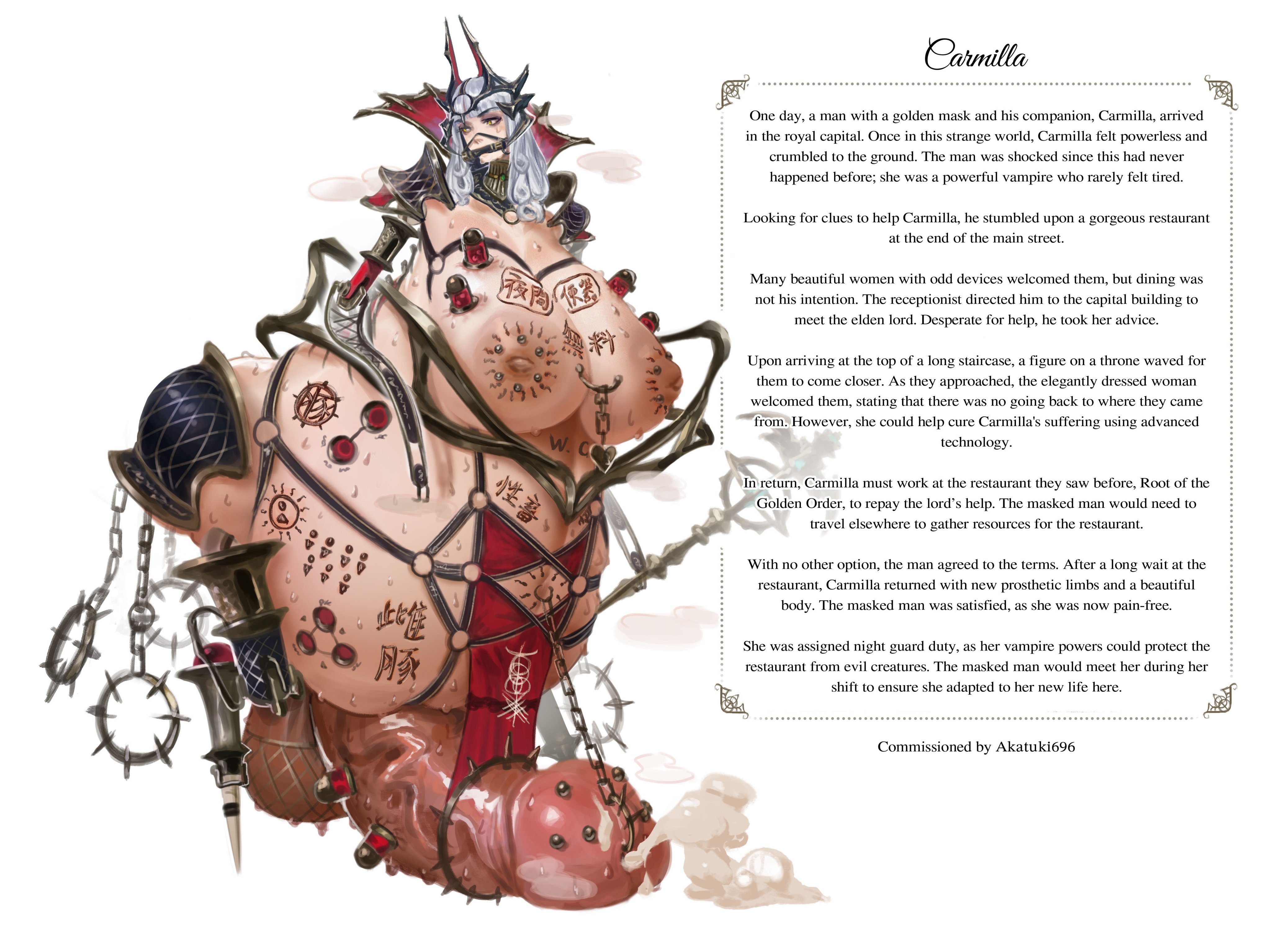 amputee, balls, bdsm gear, bdsm harness, belly overhang, big breasts, big nipples, bit gag, body modification, branded, branding mark, breast piercing, breasts, carmilla (fate), dripping cum, english text, fate (series), fate/grand order, futa only, futanari, gag, gagged, hi res, huge balls, huge belly, huge breasts, humiliating tattoo, hyper penis, hyper pregnancy, insertion, intersex, leather harness, navel piercing, nipple penetration, penis, penis piercing, pierced genitals, pierced penis, pregnancy tally, pregnant, pregnant belly, pregnant futa, prosthetic, quadruple amputee, sezdraw, sweating, veiny penis