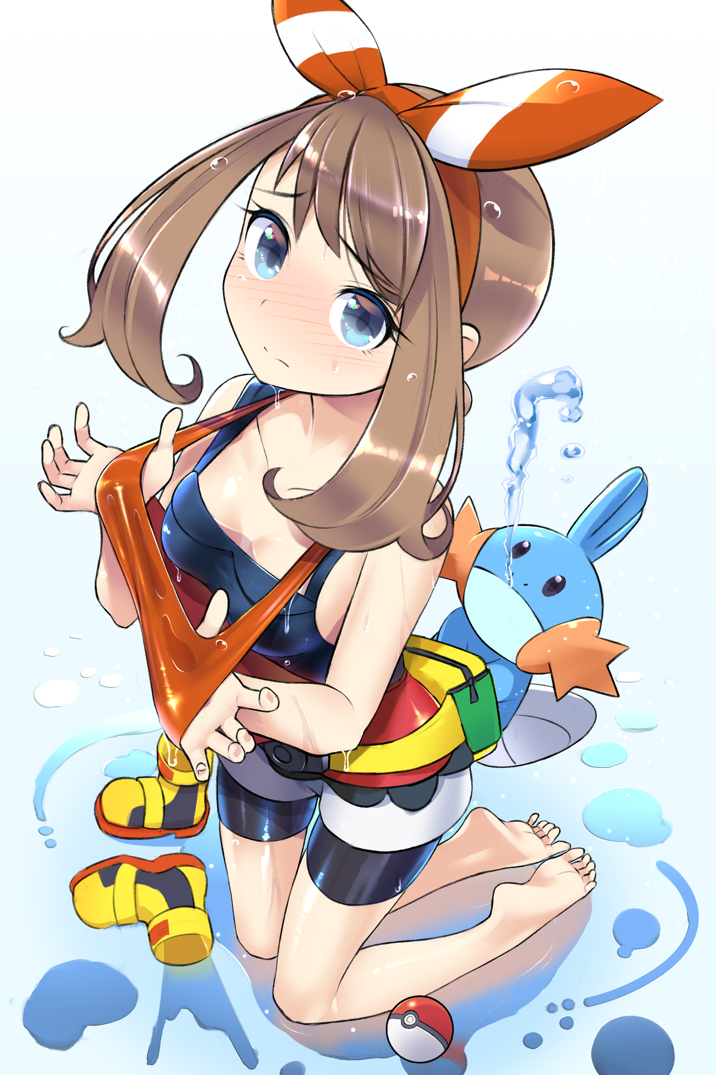 1girls, absurdres, bike shorts, bike shorts under shorts, blue eyes, bow hairband, brown hair, female, female only, hairband, highres, may (pokemon), medium hair, mudkip, nintendo, pokemon, pokemon (creature), pokemon oras, short shorts, shorts, tm (hanamakisan), wet, wet clothes