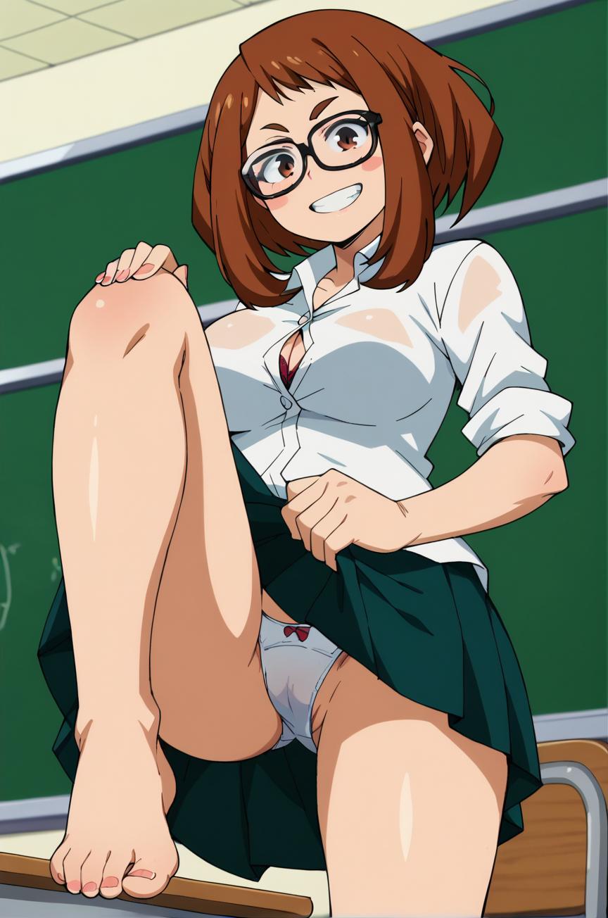 1girls, ai generated, barefoot, blush, bow panties, bra, breasts, brown eyes, brown hair, brown-haired female, chalkboard, classroom, collared shirt, desk, feet, female, glasses, grin, indoors, lifted by self, medium breasts, my hero academia, ochako uraraka, on desk, panties, pleated skirt, school desk, school uniform, see-through, shirt, short hair, sitting, skirt, skirt lift, smile, solo, toes, underwear, uraraka ochako, white panties, white shirt