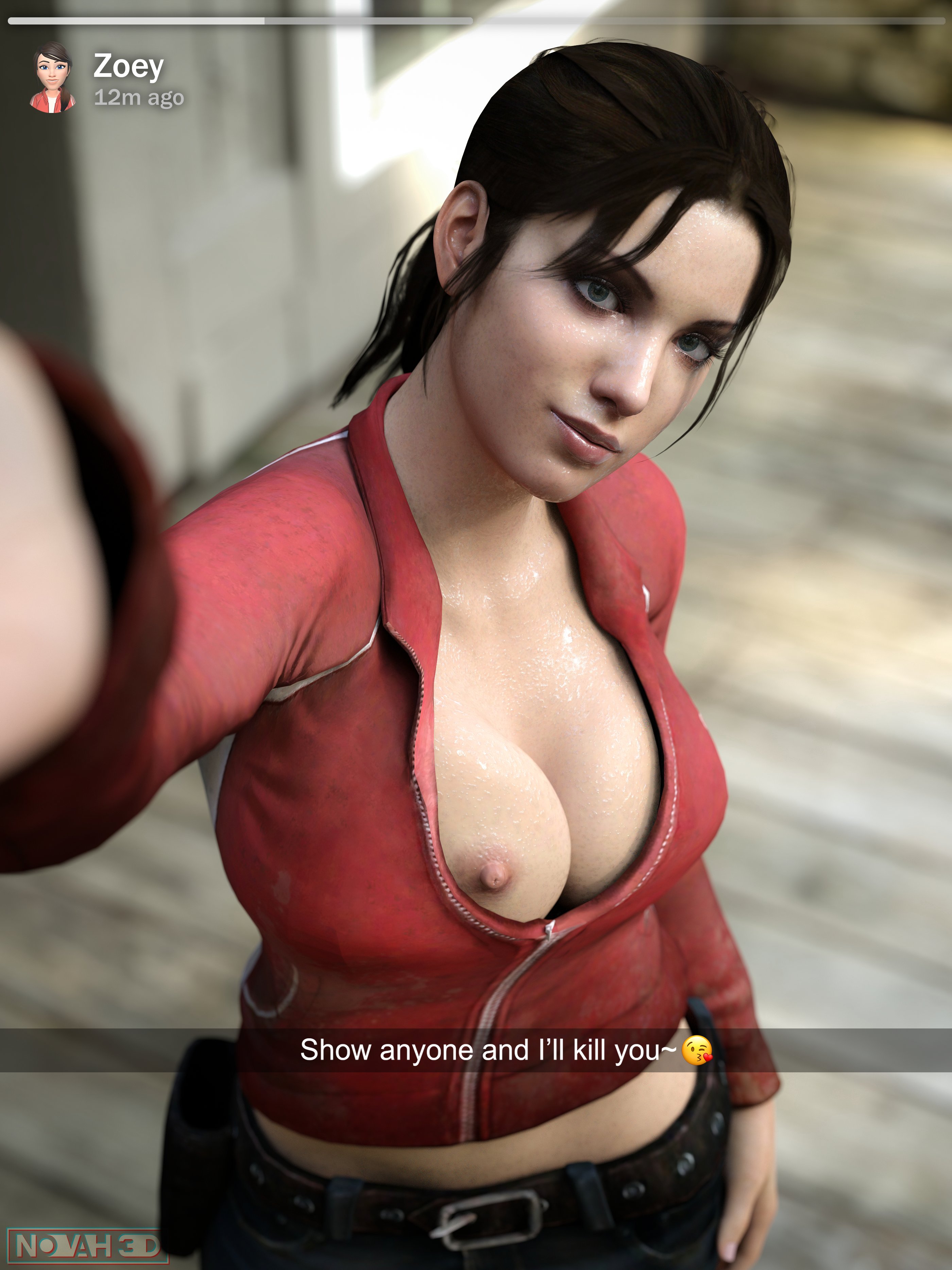 1girls, 3d, 3d (artwork), alternate version at source, alternate version available, blender, blender (software), breasts, breasts out, clothed, english text, female, high resolution, highres, left 4 dead, left 4 dead (series), nipple slip, nipples, novah3d, partially nude, pose, posing, posing for the viewer, pov, smile, smiling, smiling at viewer, snapchat, solo, solo female, text, zoey (left 4 dead)