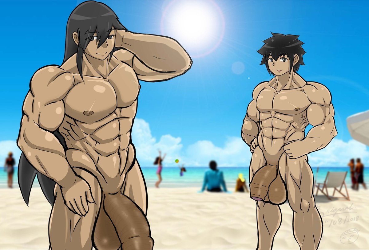 2boys abs flaccid_penis gigantic_penis huge_cock huge_testicles large_penis looking_at_viewer muscular_male nude pecs smile