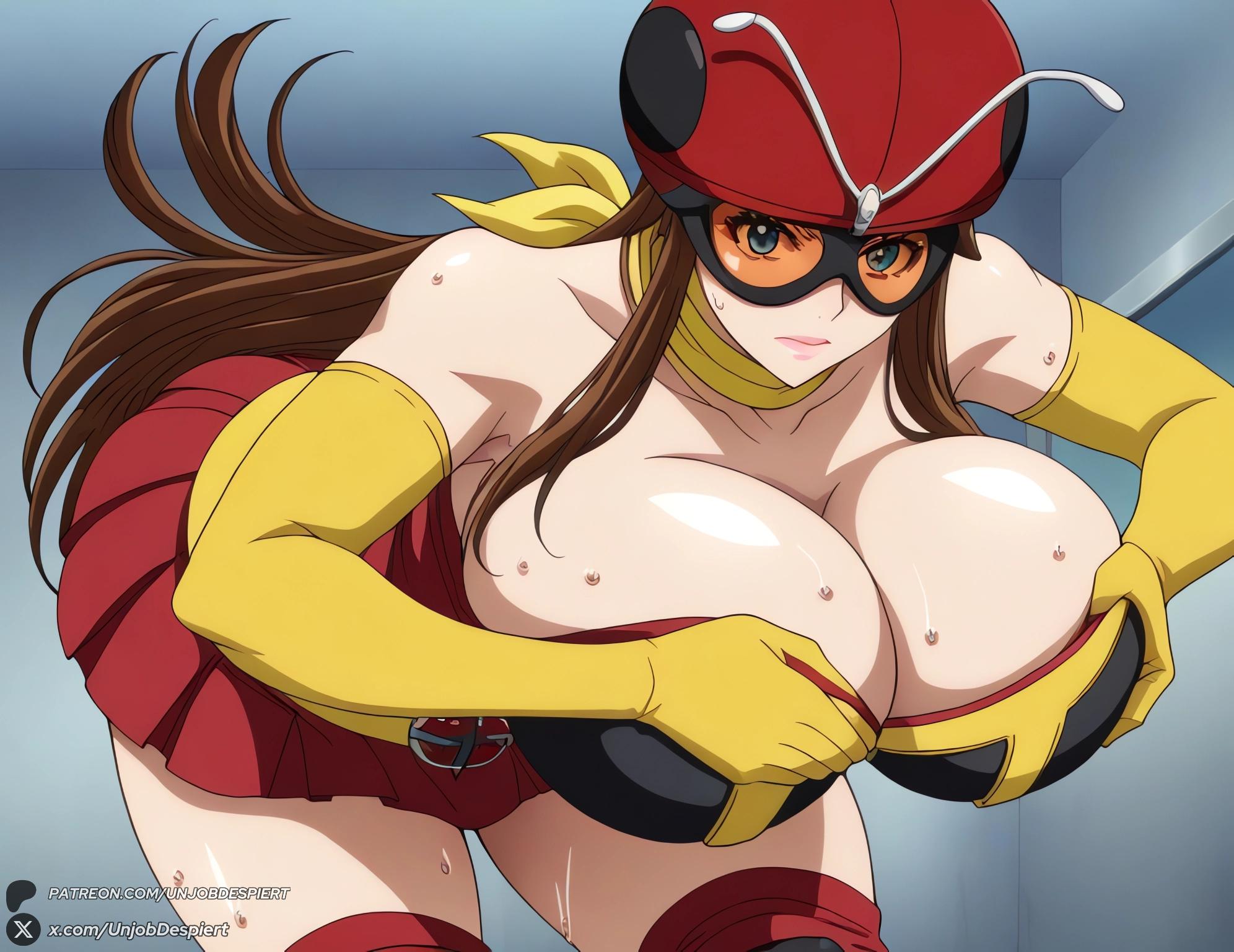 1female, 1girls, 2025, ai generated, artist name, bare shoulders, belt, big ass, big breasts, blue eyes, breasts, brown hair, cleavage, curvy, elbow gloves, electro wave human tackle, female, female only, gloves, helmet, hi res, high quality, high resolution, highres, huge ass, huge breasts, human, kamen rider, long hair, looking at viewer, okada yuriko, patreon, patreon username, skirt, solo, superheroine, sweat, thighhighs, toujima tanzaburou wa kamen rider ni naritai, unjobdespiert, watermark