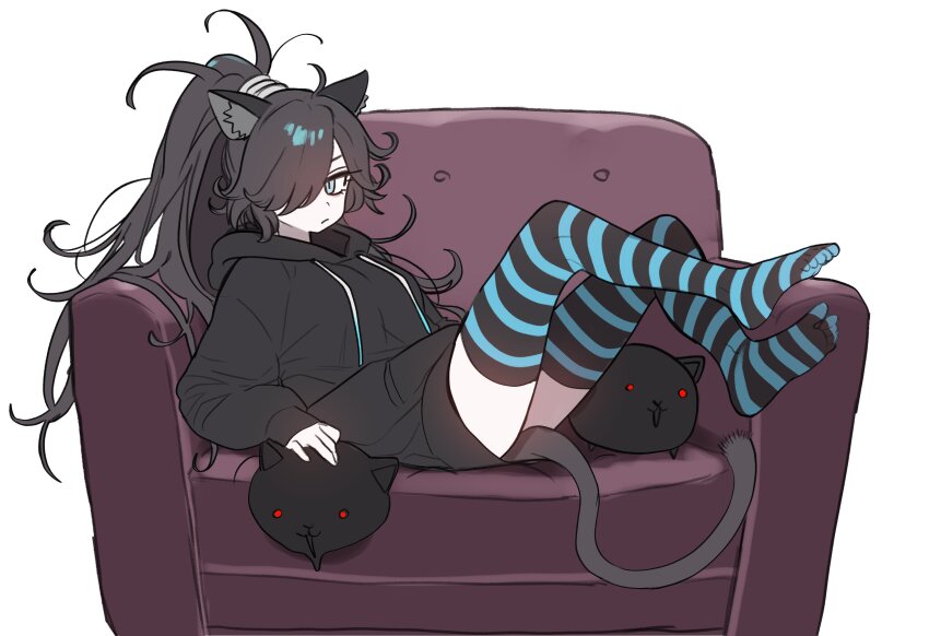 1girls, black hair, blue eyes, cat tail, couch, dark, ebora, feet, female, hair, high socks, hoodie, kasli the bane, killer cat, legwear, light skin, long hair, long sleeves, no pants, pale skin, socks, tail, the battle cats, thighhighs, youngmanisdown