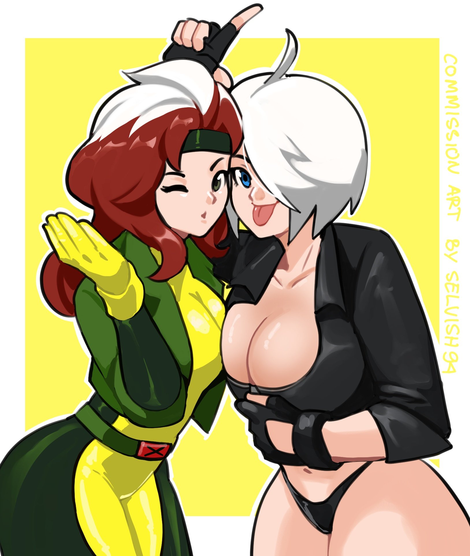 2girls, angel (kof), anna marie, bare thighs, bbw, belt, big breasts, bimbo, black gloves, black panties, black thong, black underwear, blowing kiss, blue eyes, bob cut, bodysuit, breasts, brown hair, busty, cleavage, crop top, crossover, cute, eastern and western character, female, female focus, female only, female/female, fingerless gloves, gloves, hair over one eye, hand on head, headband, hi res, high resolution, highres, hips, hourglass figure, jacket, king of fighters, kof, large breasts, leather jacket, light skin, light-skinned female, looking at viewer, marvel, marvel comics, medium hair, messy hair, pale skin, pale-skinned female, panties, pinup, rogue (x-men), selvish94, shoulder length hair, skimpy, skimpy clothes, snk, tease, teasing, teasing viewer, the king of fighters, thick thighs, thighs, thong, thunder thighs, tight clothing, tongue, tongue out, underwear, very high resolution, voluptuous, voluptuous female, white hair, white highlights, wide hips, x-men, yuri