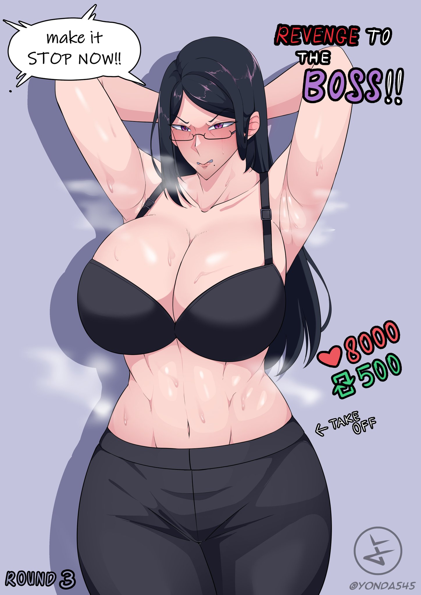 2d artwork, angry, angry expression, angry face, angry female, arms behind head, black bra, black hair, black-haired female, bra, bra strap, bra straps, breasts, breasts bigger than head, brown hair, brunette hair, brunette-haired female, cleavage, curvy, curvy female, curvy figure, dark hair, dark-haired female, english text, female, female focus, female only, frowning, frowning at viewer, hourglass, hourglass figure, hourglass figured female, huge breasts, long hair, mana (yonda545), manager, office lady, pants, purple eyes, purple-eyed female, shiny hair, shiny skin, steam, steaming body, steamy, straight hair, sweat, sweating, sweating female, sweaty, sweaty body, sweaty breasts, thick thighs, twitter, twitter strip game, voluptuous, voluptuous female, wide hips, yonda545