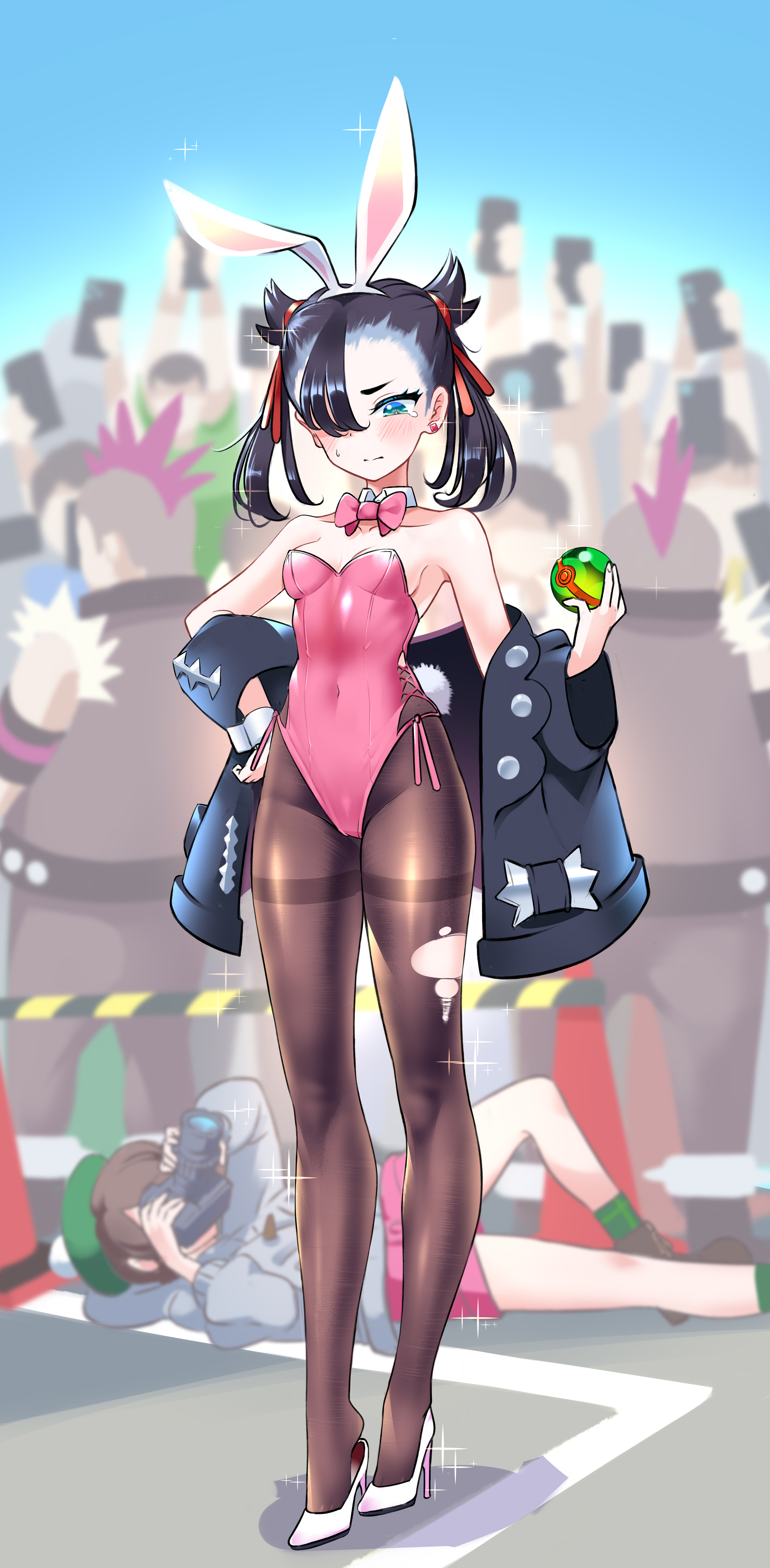 2girls, absurdres, animal ears, asymmetrical bangs, bare shoulders, black hair, black jacket, blush, bow, bowtie, breasts, brown hair, brown pantyhose, bunny ears, bunnysuit, camera, cardigan, cellphone, closed mouth, collarbone, covered navel, detached collar, dusk ball, earrings, fake animal ears, female, full body, gloria (pokemon), green eyes, grey cardigan, hair over one eye, hair ribbon, hat, high heels, highleg, highleg leotard, highres, holding, holding camera, jacket, jewelry, legs, leotard, long sleeves, male, marnie (pokemon), multiple boys, multiple females, multiple girls, multiple males, nintendo, pantyhose, phone, playboy bunny, poke ball, pokeball, pokemon, pokemon ss, rabbit ears, rabbit tail, red ribbon, ribbon, short hair, side-tie leotard, small breasts, smartphone, standing, strapless, strapless leotard, tail, taking picture, tam o' shanter, team yell, team yell grunt, team yell grunt (male), tears, thighband pantyhose, tm (hanamakisan), torn clothes, torn pantyhose, twintails, white footwear, wrist cuffs
