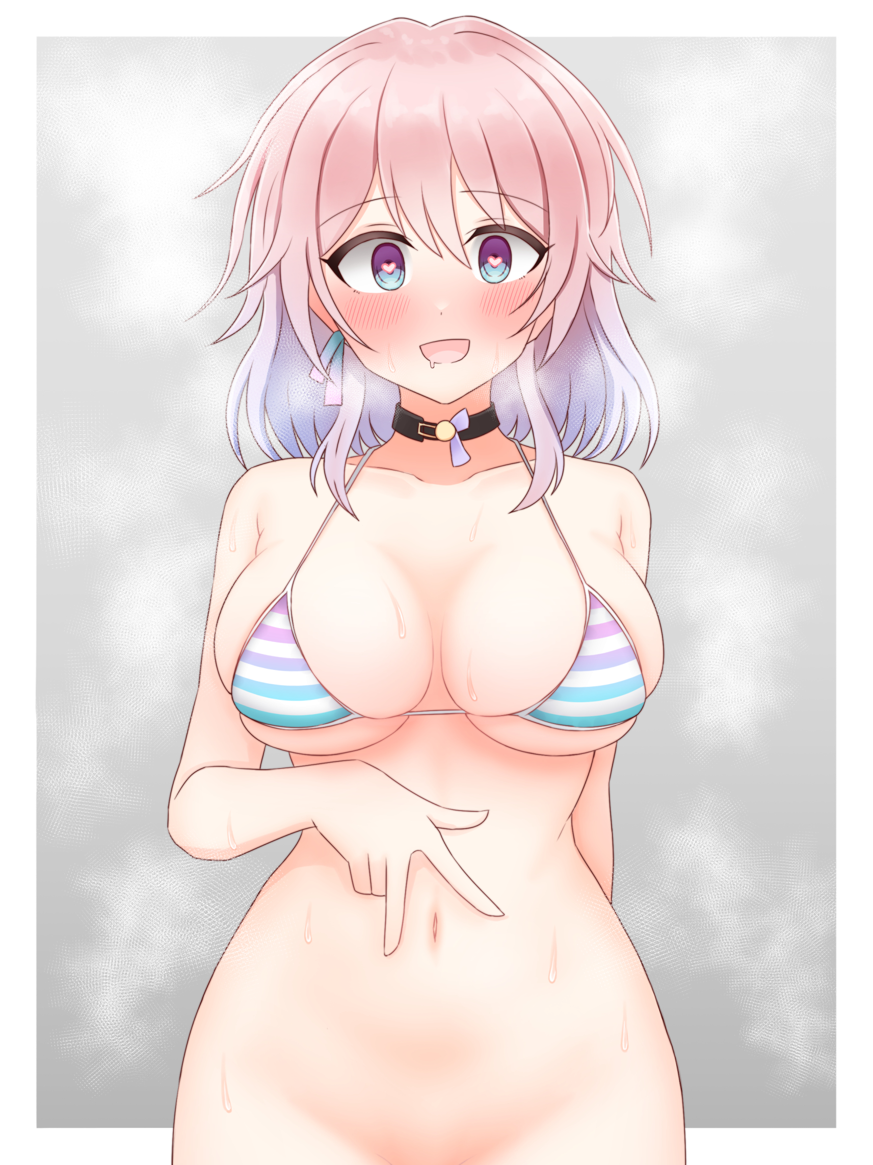 1girls, absurdres, altered common sense, bare shoulders, bikini, bikini top, bikini top only, black choker, blue eyes, blush, bottomless, bottomless female, chiaki himanagi, choker, common sense change, cowboy shot, female, gluteal fold, gradient hair, happy trance, heart-shaped pupils, highres, honkai (series), honkai: star rail, human sex toy, hypnosis, imminent rape, looking at viewer, march 7th (honkai: star rail), masurao19, multicolored hair, navel, no bikini bottom, parted lips, pink hair, purple eyes, purple hair, short hair, solo, solo female, solo focus, standing, stomach, striped bikini, striped clothes, sweat, swimsuit, thighs, triangle mouth, two-tone eyes, unaware, unaware hypnosis, unbothered, wholesome