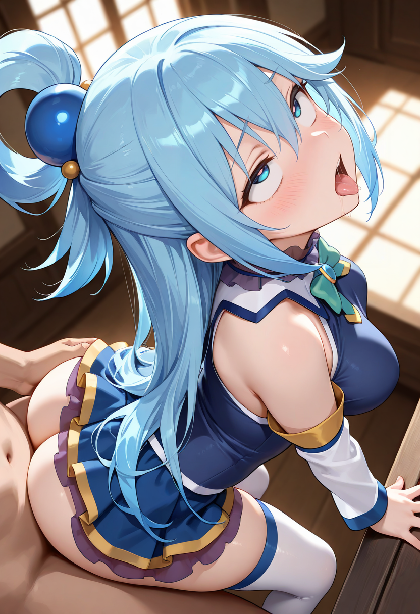 1boy ahe_gao ai_generated aqua_(konosuba) arched_back ass ass_grab bangs bare_shoulders bent_over blue_eyes blue_hair blue_shirt blue_skirt blush bodily_fluids bow bowtie breasts clothed_female clothed_female_nude_male clothed_sex clothing cowgirl_position detached_sleeves dress eyes_rolled_back female female green_bow groping hair_between_eyes hair_ornament hair_rings indoors kono_subarashii_sekai_ni_shukufuku_wo! large_breasts legwear long_hair long_sleeves male milfhunter228 miniskirt navel nipples nopan nude nude_male on_top open_mouth penis saliva sex shirt sidelocks single_hair_ring skirt sleeveless solo_focus spread_legs straddling straight sweat table taken_from_behind thighhighs thighs tongue tongue_out vaginal_penetration white_legwear white_thighhighs