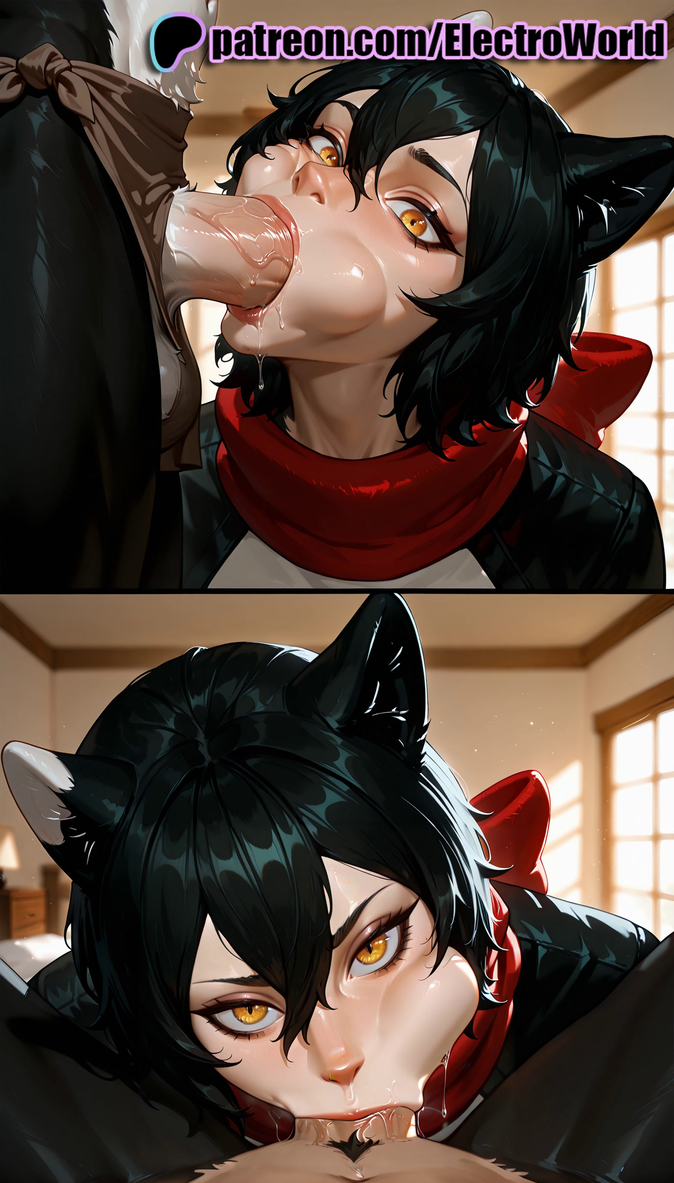 :>=, 1boy, 1girls, 2025, ai generated, animal ears, artist name, balls, balls sucking, black hair, blowjob, blowjob face, cheek bulge, cock, cum, cum in mouth, cum in nose, deepthroat, dick, dungeon meshi, electroworld, fellatio, female, hair between eyes, hi res, high quality, high resolution, highres, izutsumi, licking, licking penis, male, mascara, oral, oral sex, patreon, patreon username, penis, red scarf, saliva, scarf, short hair, stable diffusion, straight, sucking, tongue, tongue out, uncensored, watermark