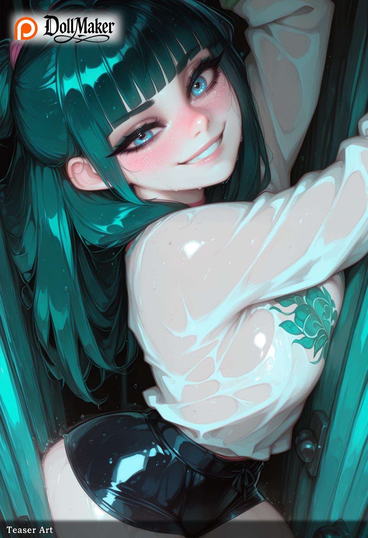 ai_generated aqua_hair artist_name bangs black_hair blunt_bangs blush breasts dollmaker dollmaker_(artist) female freckles green_hair grin long_hair looking_at_viewer lying maomao_(kusuriya_no_hitorigoto) multicolored_hair on_stomach patreon_username rain see-through smile solo tagme watermark web_address wet wet_clothes wet_shirt