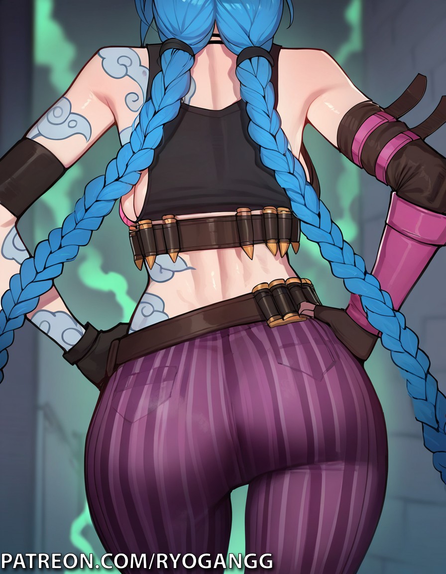 1girls, 2d, 2d (artwork), ai generated, arcane, arcane jinx, ass, ass focus, asymmetrical bangs, asymmetrical hair, blue hair, female, jinx (league of legends), league of legends, light skin, light-skinned female, patreon, patreon username, purple eyes, ryogangg, tattoo, tattoo on arm