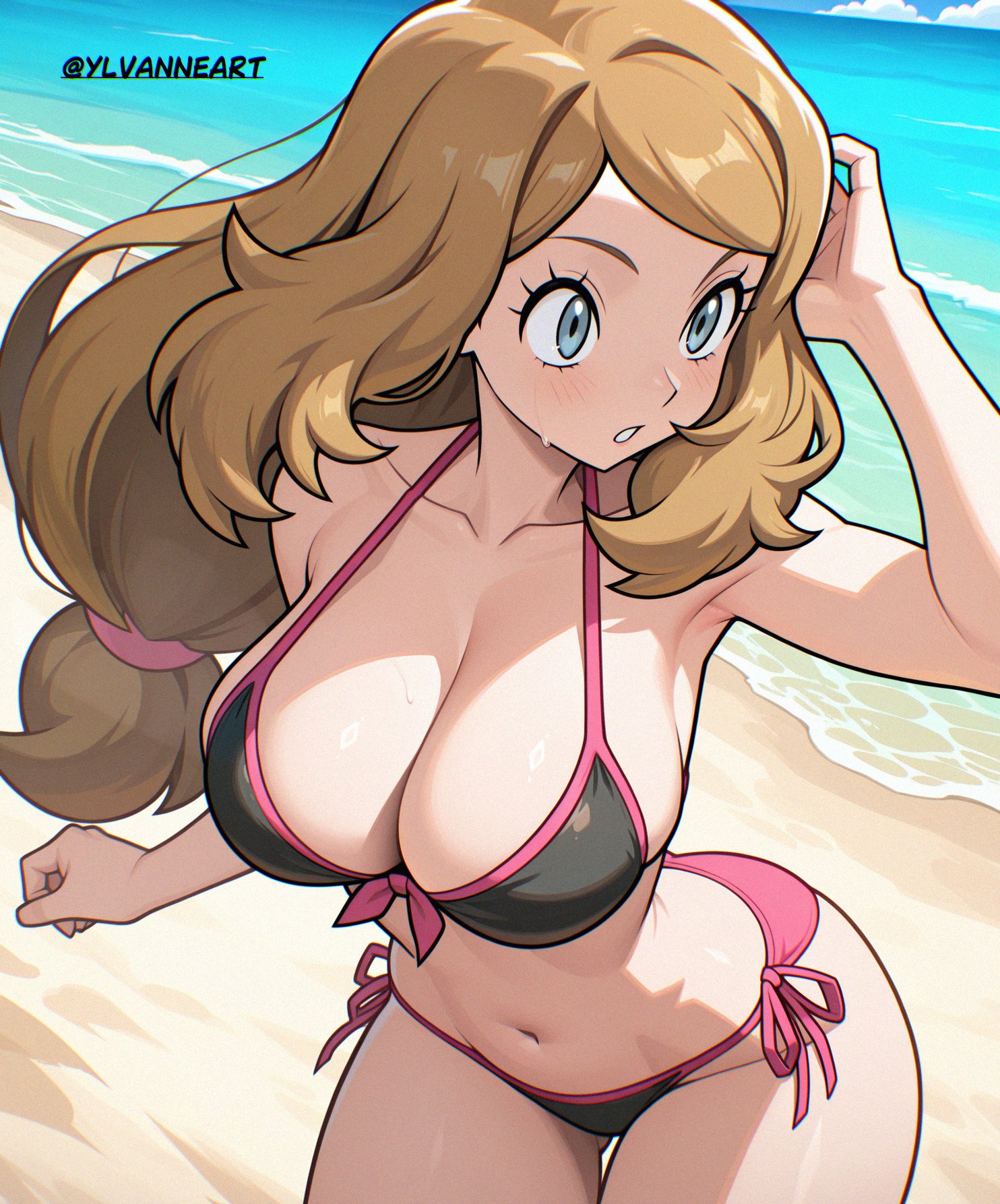 1girls, ai generated, beach, black bra, black panties, bra, breasts, brown hair, cleavage, female, female only, highres, large breasts, long hair, navel, nintendo, ocean, panties, pink, pink bra, pink panties, pokemon, pokemon xy, ponytail, sand, serena (pokemon), side-tie bikini, solo, sun, sweat, thighs, twitter username, underwear, very long hair, ylvanne