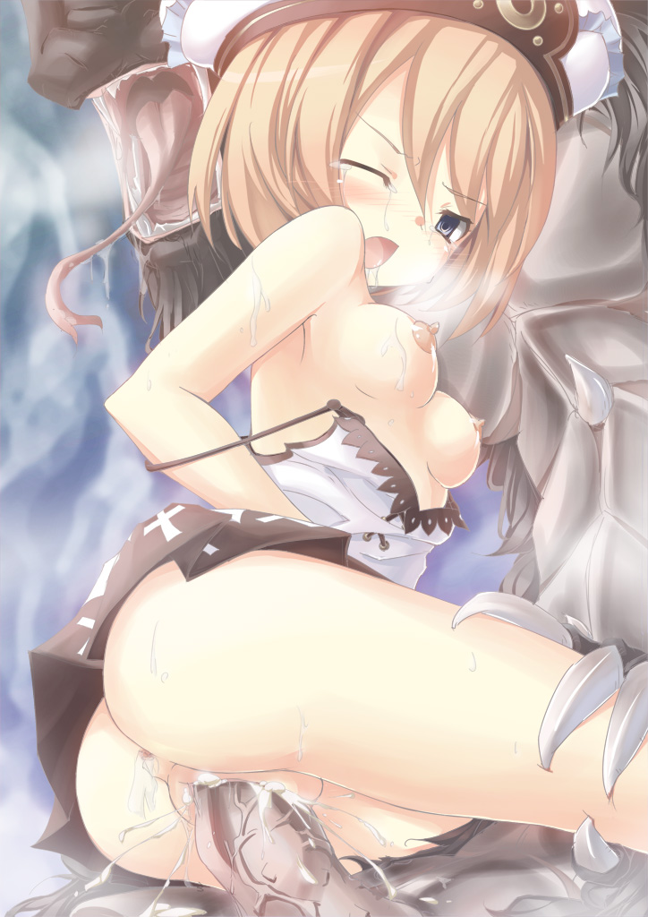 aral blanc blue_eyes blush breasts breath brown_hair claws compile_heart cum cum_inside cum_on_body cum_on_breasts cum_on_lower_body cum_on_upper_body dress ejaculation erect_nipples facial female gust hat idea_factory looking_down male monster neptunia_(series) nipples nippon_ichi one_closed_eye open_mouth penis rape saliva sega sex short_hair sitting skirt straight sweat teeth tongue uncensored upskirt vaginal_penetration wink