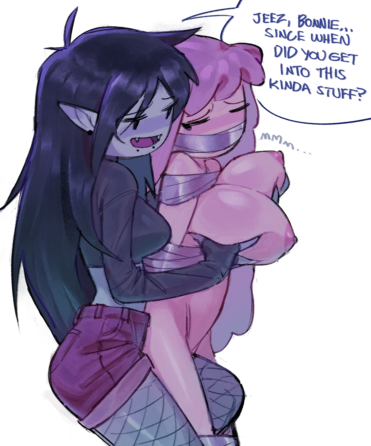 2girls, adventure time, big breasts, black hair, bondage, breast grab, breasts, breasts out, cartoon network, dialogue, duct tape, duct tape gag, duo, english text, fangs, female, fishnets, gag, goth, goth girl, grey body, grey skin, grinding, groping, groping breasts, groping from behind, long hair, marceline, nipples, pink body, pink hair, pink skin, pointy ears, princess, princess bubblegum, sharp teeth, shelftray, shorts, simple background, speech bubble, tape, tape bondage, tape gag, text, vampire, vampire girl, white background, yuri