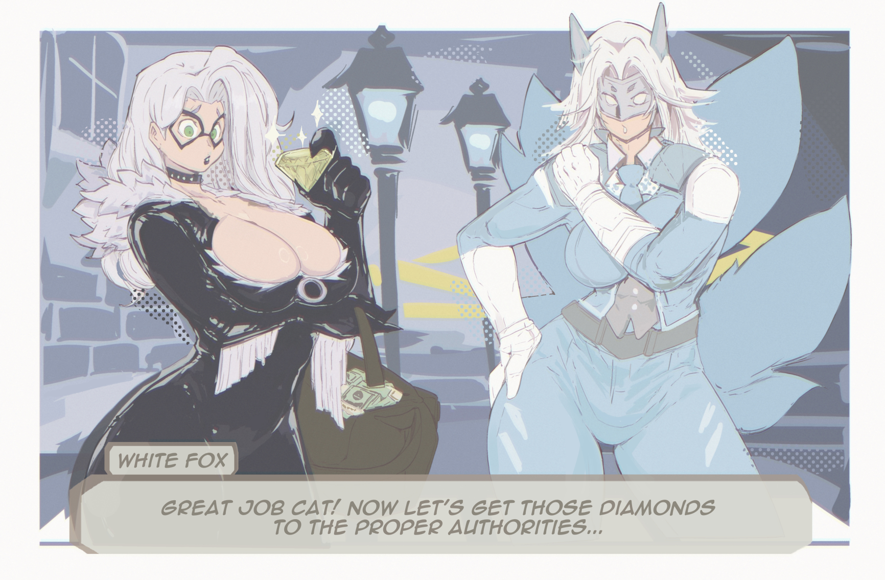 2026, 2d, 2girls, 7 passes, ami han, big breasts, black cat (marvel rivals), black cat (marvel), bodysuit, breasts, cash, clawed fingers, clawed gloves, claws, cleavage, curvaceous, curvaceous body, curvaceous female, curvaceous figure, curvaceous hips, curvy, curvy body, curvy female, curvy figure, curvy hips, diamond, felicia hardy, female, gloves, green eyes, hips, huge breasts, large breasts, light skin, light-skinned female, marvel, marvel comics, marvel rivals, mask, masked, masked female, massive breasts, money, money bag, multiple girls, seductive, seductive look, skin tight, spider-man (series), suit, suit and tie, suit jacket, suit pants, text, thick, thick breasts, thick hips, thick thighs, tie, tight clothes, tight clothing, voluptuous, voluptuous female, white fox (marvel rivals), white fox (marvel), white hair, wide hips