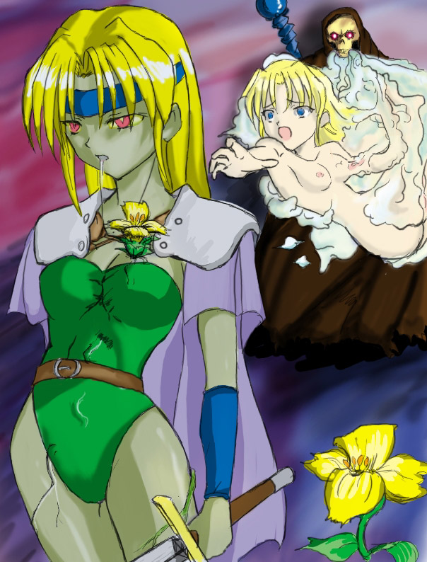 artist_request blonde_hair blue_eyes cape celes_chere chadarnook evil female final_fantasy final_fantasy_vi flower headband leotard long_hair nude pink_eyes pointy_chin shoulder_pads sword weapon zombie