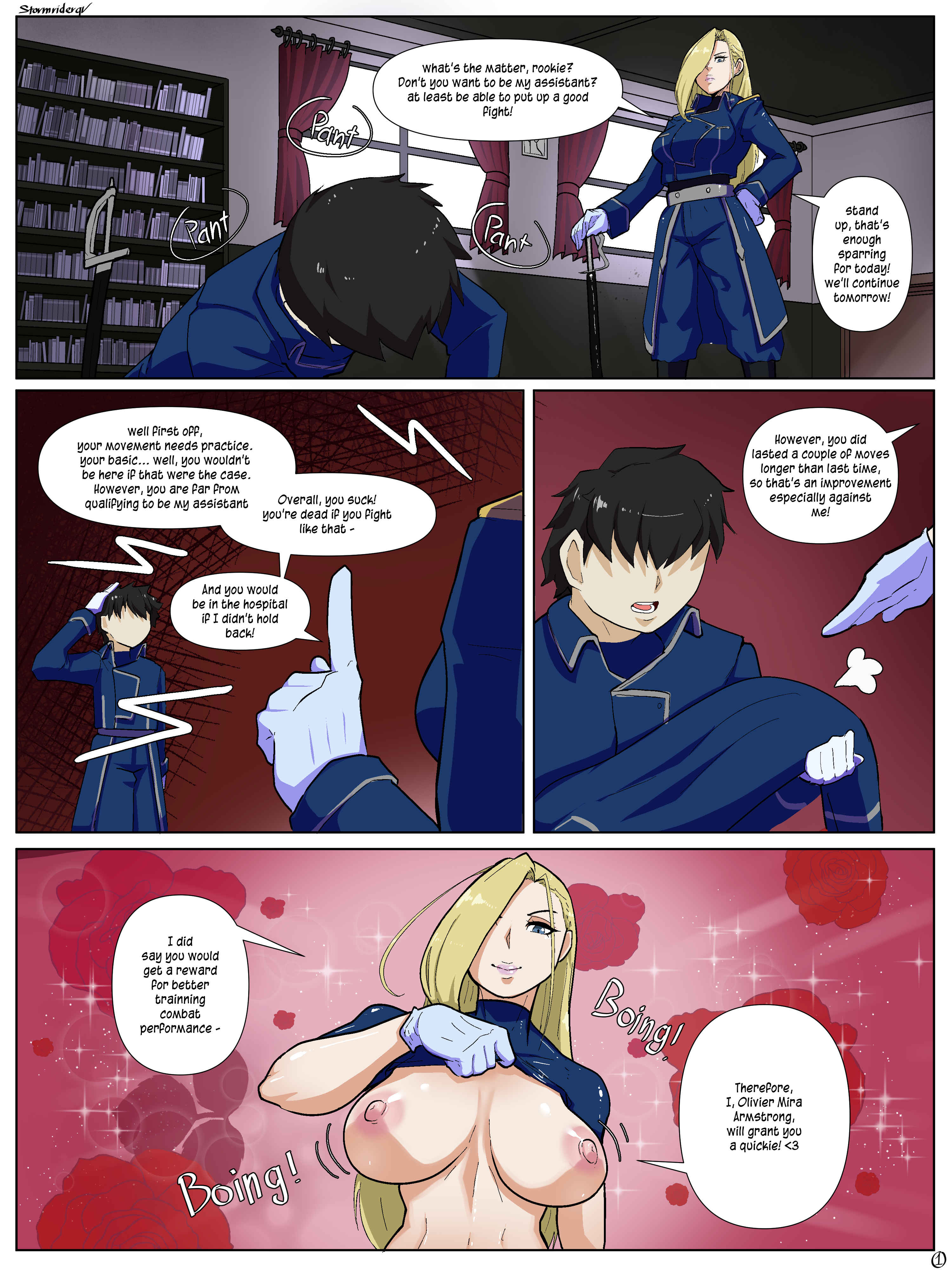1boy, 1girls, areolae, black hair, blonde hair, blue eyes, breasts, comic, comic page, english text, female, fullmetal alchemist, hair over one eye, large breasts, light skin, light-skinned female, light-skinned male, male, nipples, olivier mira armstrong, page 1, short hair, speech bubble, stormrider, stormriderqv, text, very long hair