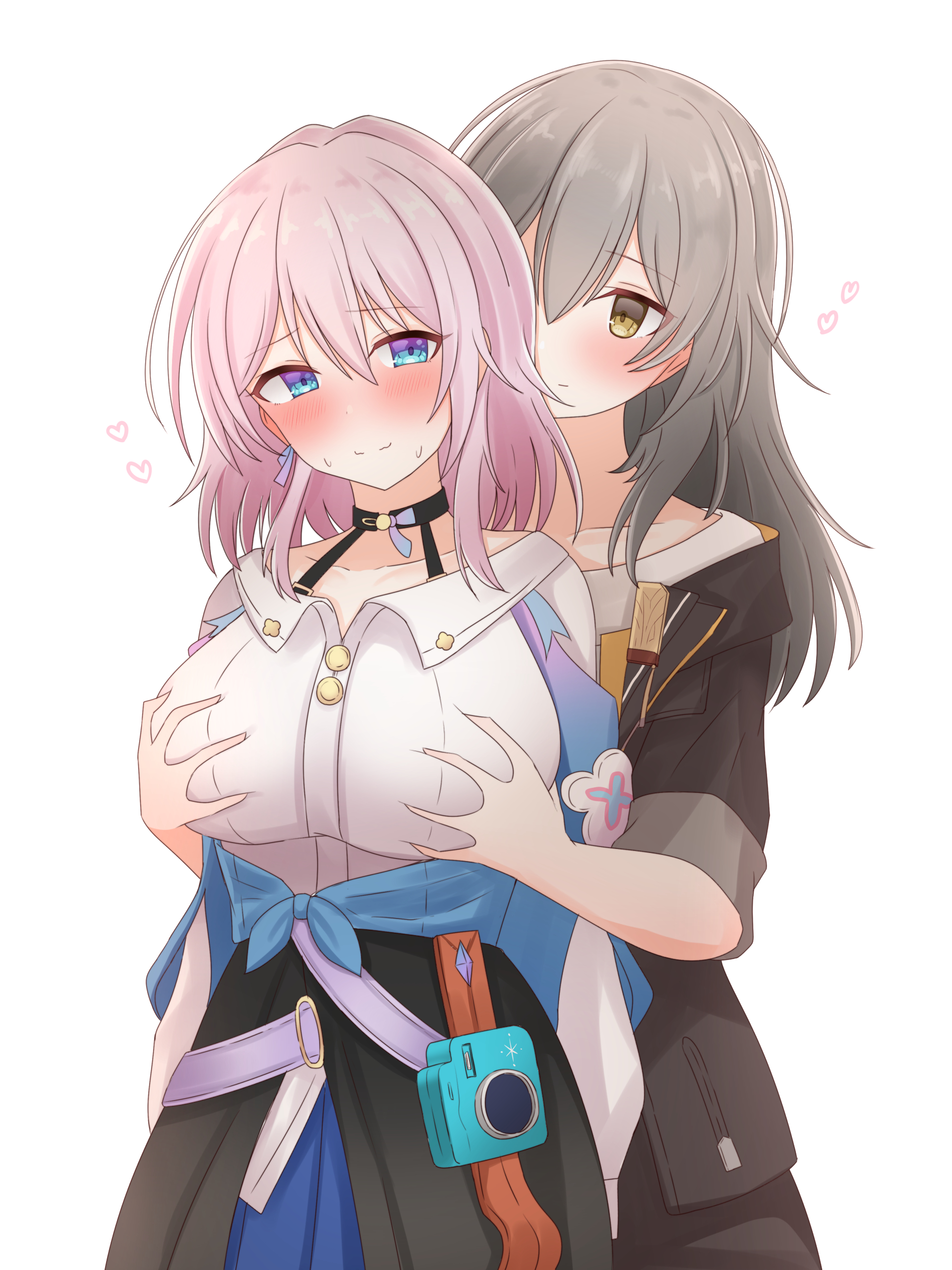 2girls, blush, breast grab, breasts, camera, chiaki himanagi, female, female only, grabbing, grabbing another's breast, grabbing breasts, grabbing from behind, heart, honkai: star rail, large breasts, long hair, march 7th (honkai: star rail), masurao19, pink hair, simple background, stelle (honkai: star rail), white background, yuri