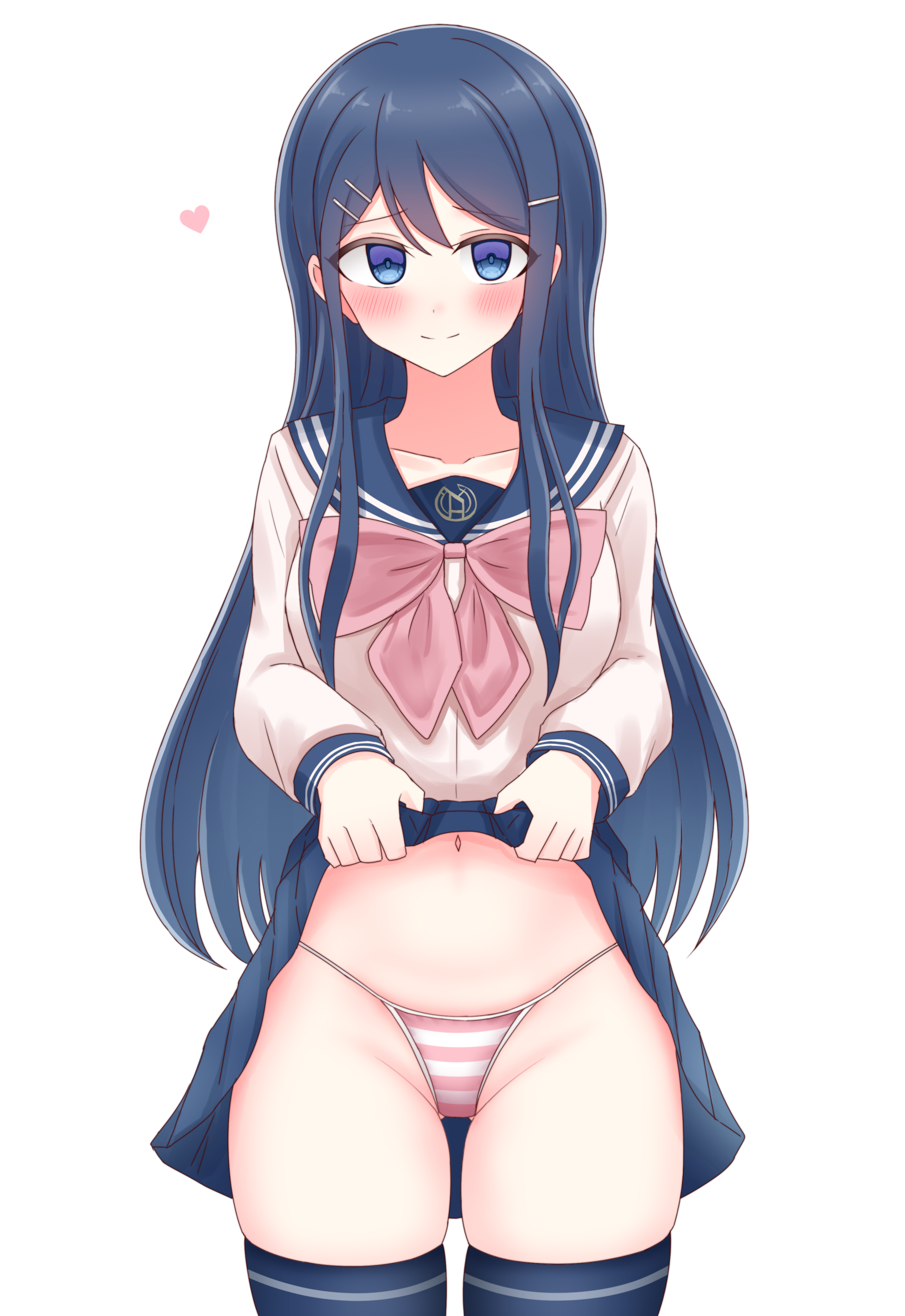 1girls, blue eyes, blue hair, blue skirt, blush, bow, breasts, chiaki himanagi, closed mouth, danganronpa, female, hair, hair ornament, long hair, looking at viewer, maizono sayaka, navel, panties, school uniform, simple background, skirt, skirt lift, skirt lifted by self, smile, solo, solo female, solo focus, striped panties, thighhighs, underwear, white background