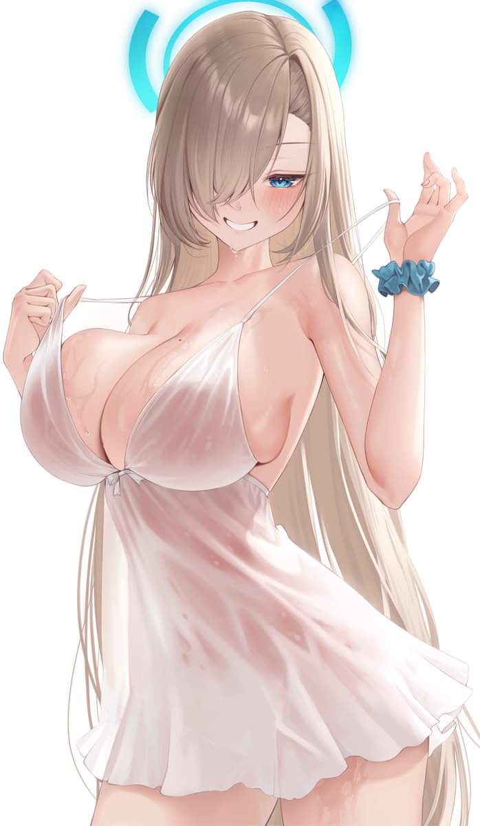 1girls, artist request, asuna (blue archive), big breasts, blue archive, breasts, clothed, female, female only, hair over one eye, halo, mole on breast, negligee, nightwear
