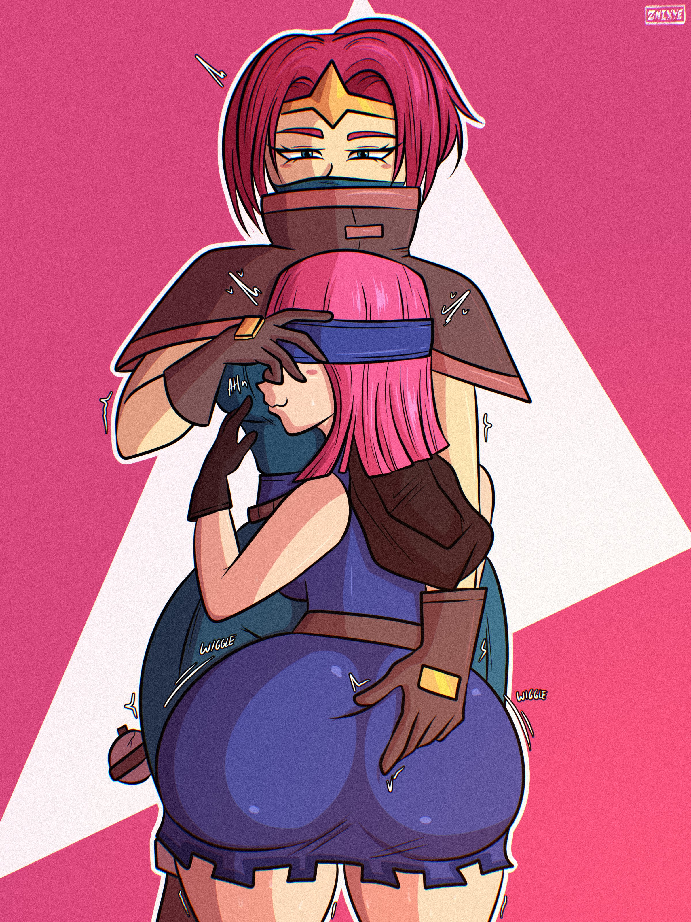 2d, 2d (artwork), 2girls, ass, ass focus, blindfold, boss, boss and subordinate, boss bandit (clash royale), clash (series), clash royale, clothed, clothed female, clothes, clothing, female, firecracker (clash royale), hand on ass, hand on butt, huge ass, prank, taller female, text, znixye