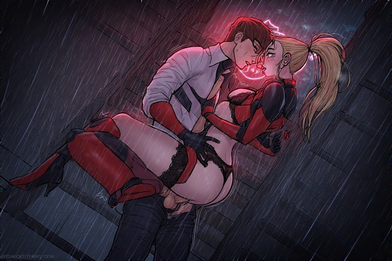 ai_generated batman_(series) carrying_partner dc_comics harley_quinn oc older_female omegaolsonnsfw omegaolsonwwe original_character perchance_ai smaller_male standing_sex younger_male