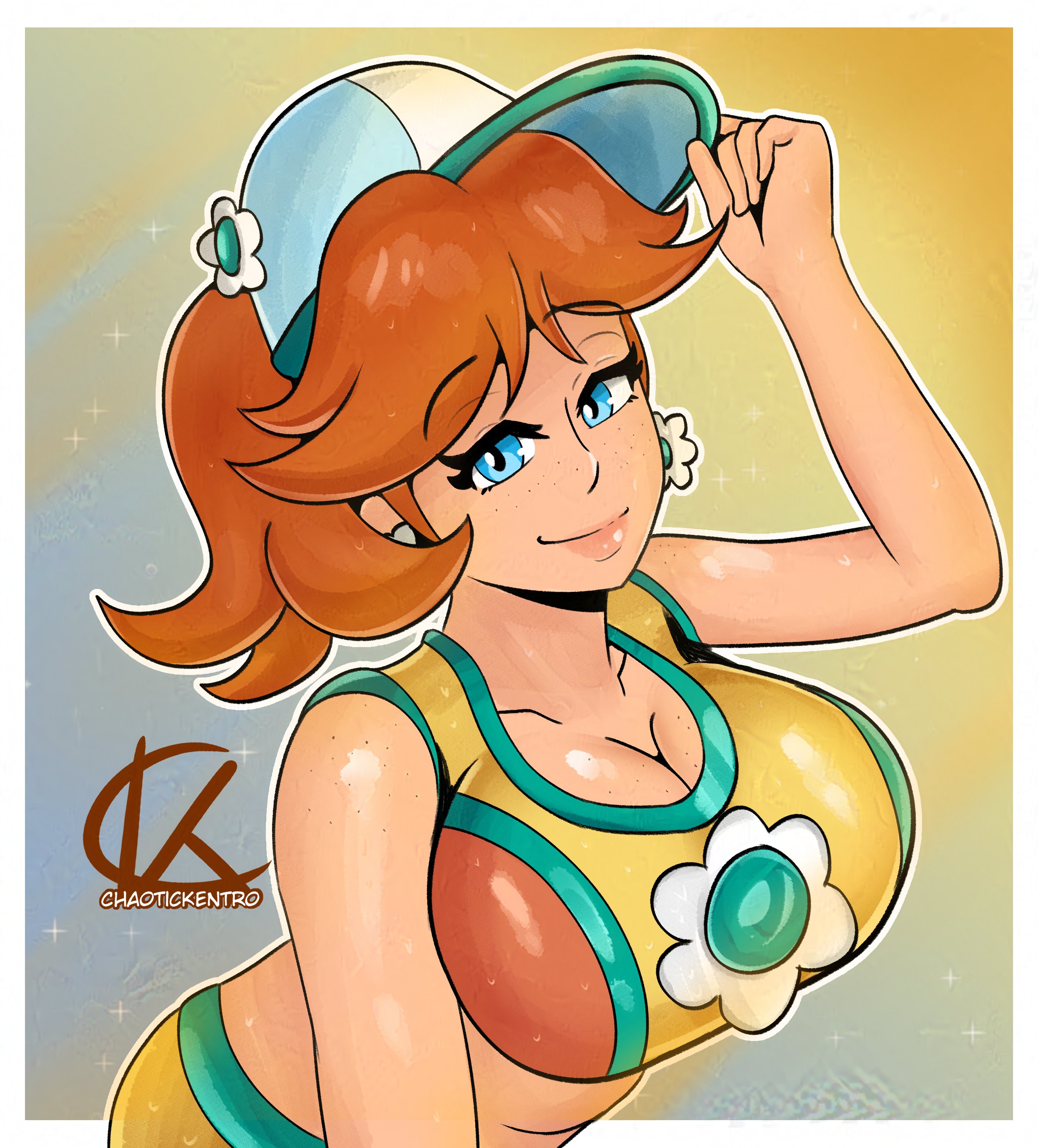 1girls, big breasts, booty shorts, breasts, brown hair, chaotickentro, cleavage, clothed, curvy, earrings, female, flower earrings, gloves, green shirt, hat, human, large hips, light skin, light-skinned male, long hair, male, mammal, mario (series), mario kart, mario kart world, nintendo, official alternate costume, ponytail, princess daisy, princess daisy (swimwear), smile, swimsuit, upper body, voluptuous, voluptuous female