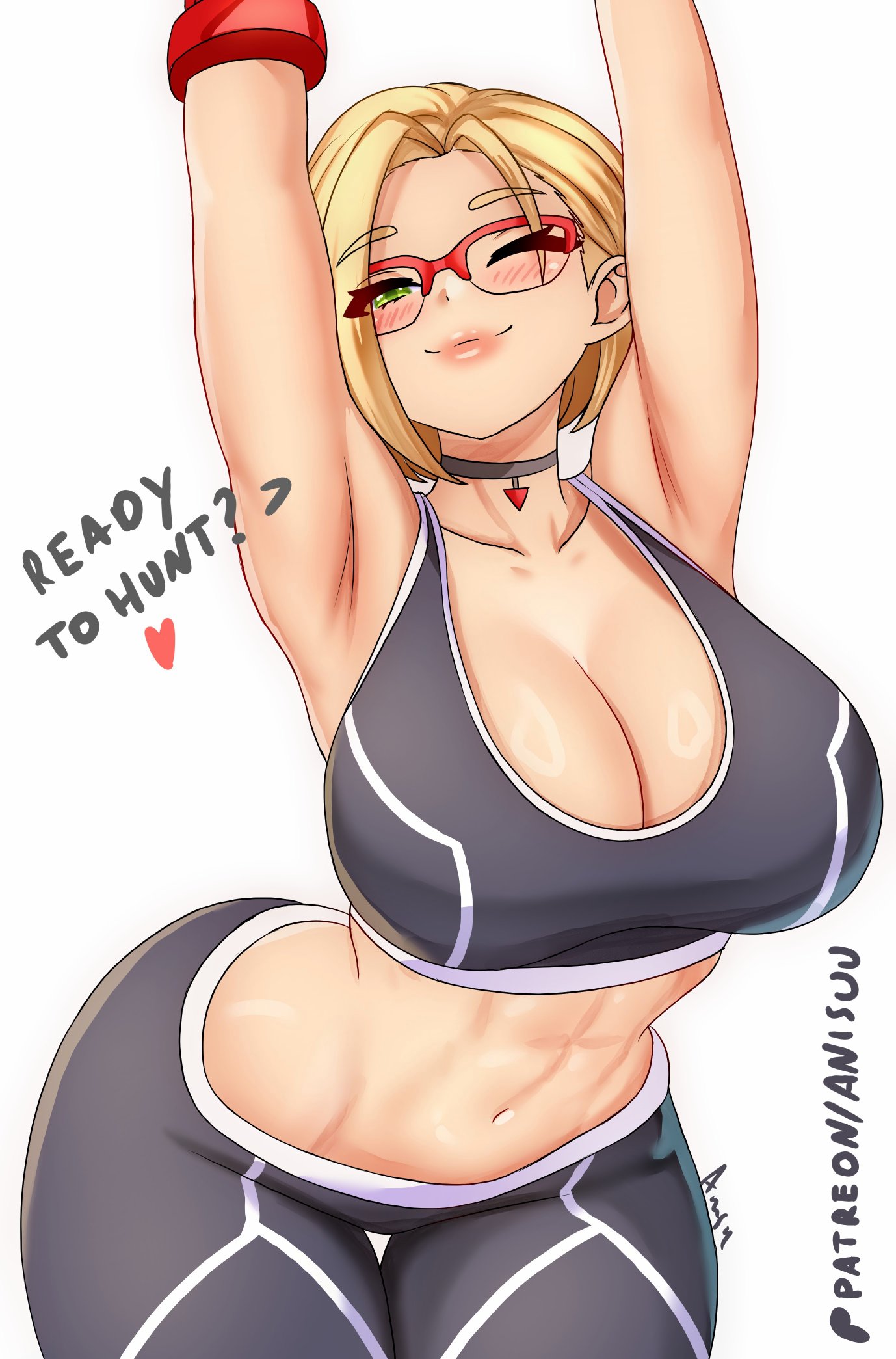 1girls, abs, alma (monster hunter wilds), anisdrawn, blush, breasts, cammy stretch, cammy white (cosplay), cleavage, english text, female, female focus, female only, glasses, green eyes, large breasts, light skin, light-skinned female, looking at viewer, midriff, monster hunter, monster hunter wilds, navel, one eye closed, solo, street fighter, thick thighs, thighs, wide hips