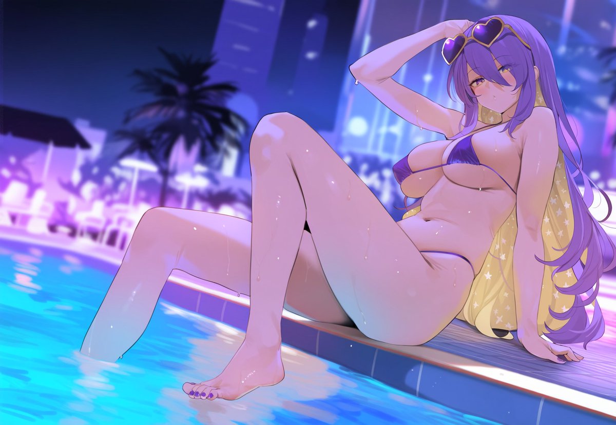 ai generated, arm up, barefoot, bikini, blonde hair, blush, breasts, cityscape, cleavage, colored inner hair, eyewear on head, female, heart, heart-shaped eyewear, hololive, hololive indonesia, hololive indonesia area 15, large breasts, looking at viewer, moona hoshinova, multicolored hair, nail polish, navel, navel rennat, palm leaf, palm tree, purple bikini, purple hair, purple nails, solo, starry hair, sunglasses, swimsuit, tree, virtual youtuber, vtuber, yellow eyes
