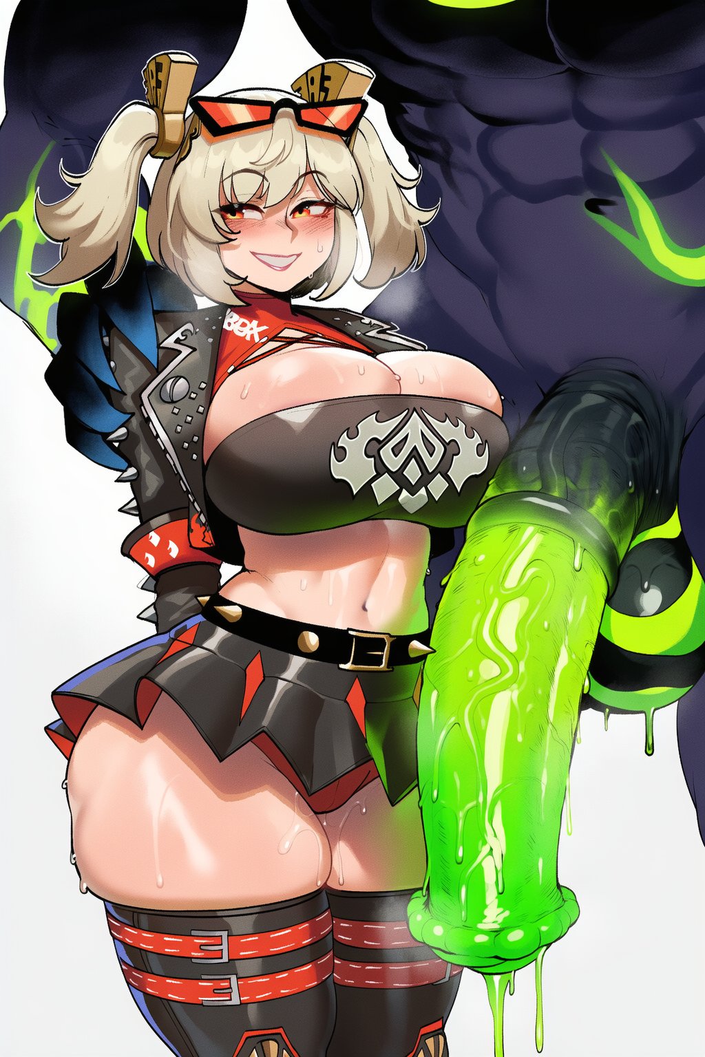 ai generated, burnice white, cock, dick, dripping, drooling, ethereal (zenless zone zero), female, female focus, grabbing, horsecock, hoyoverse, inminent sex, interspecies, light skin, light-skinned female, male, penis, skirt, skirt lift, smile, sons of calydon, taboo tao, thick thighs, thighhighs, thighs, vest, zenless zone zero