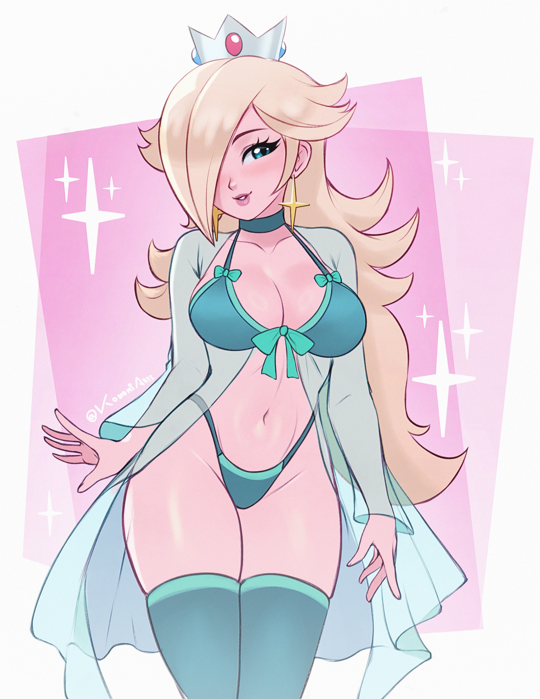 1girls, 2025, blonde hair, blue eyes, blush, breasts, cleavage, crown, ear piercing, earrings, female, female only, hair over one eye, highres, konomidraw, large breasts, light skin, light-skinned female, long hair, mario (series), navel, nightgown, princess rosalina, solo, stockings, super mario galaxy, thick thighs, thighhighs, wide hips