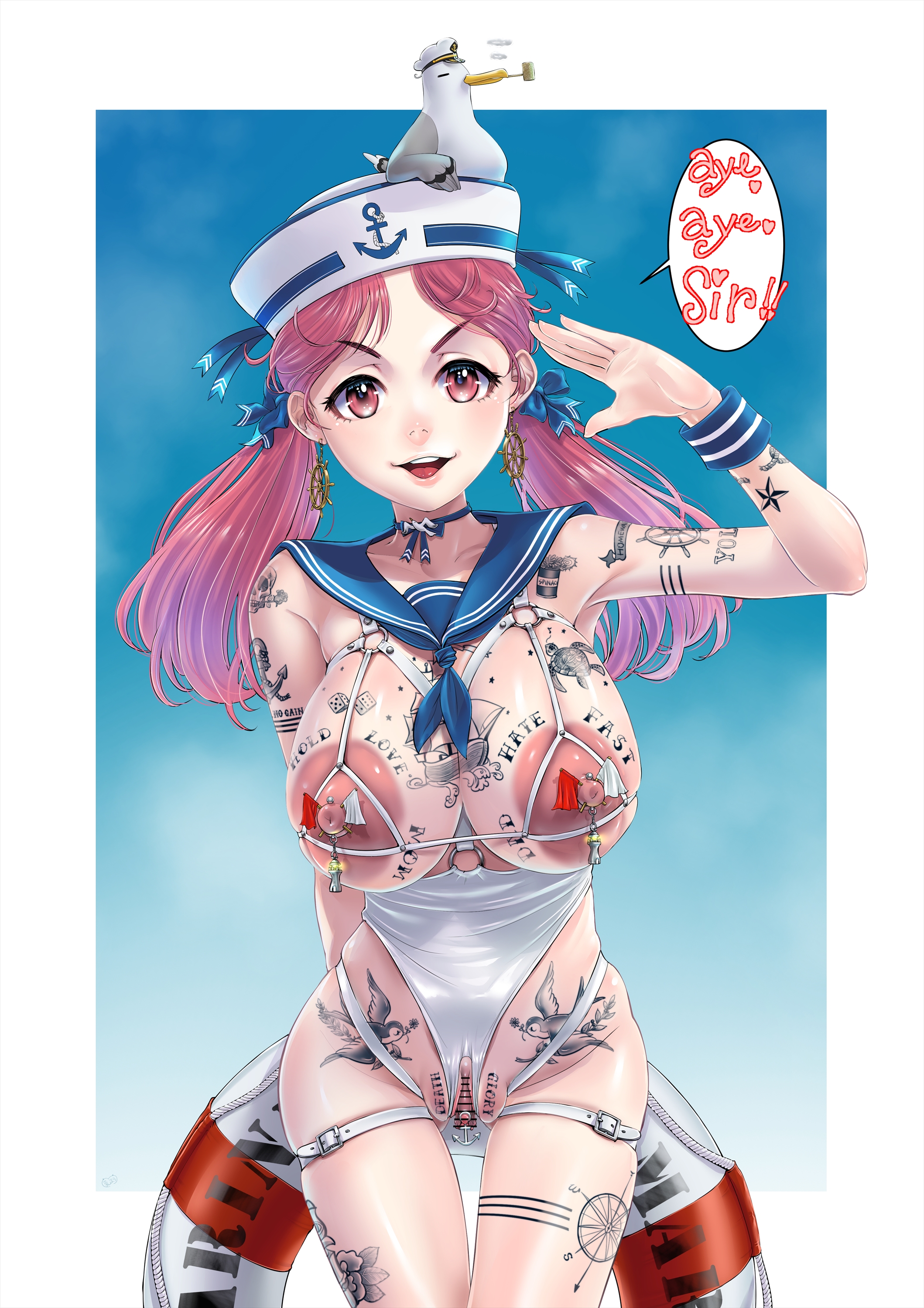 1girls, between labia, bird, body jewelry, chest harness, chichimaro, clitoris, clitoris ring, female, female only, functionally nude, functionally nude female, harness, highleg, light skin, light-skinned female, nipples outside, pale skin, pale-skinned female, pierced nipples, piercing, piercings, pink hair, ponytails, pussy, revealing clothes, sailor collar, seagull, shaved pussy, tattoos, useless clothing